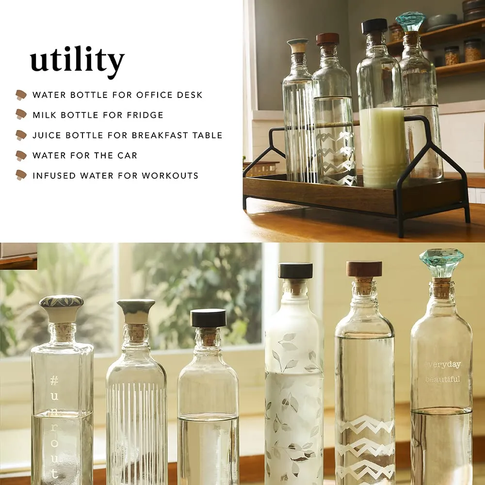 Ellementry Unroutine Glass Bottle with Cork (750 ML)| Water and Milk Storage Bottle for Fridge | Clear and Transparent Bottles for Home and Office | BPA Free | Stylish and Premium Wine Bottle