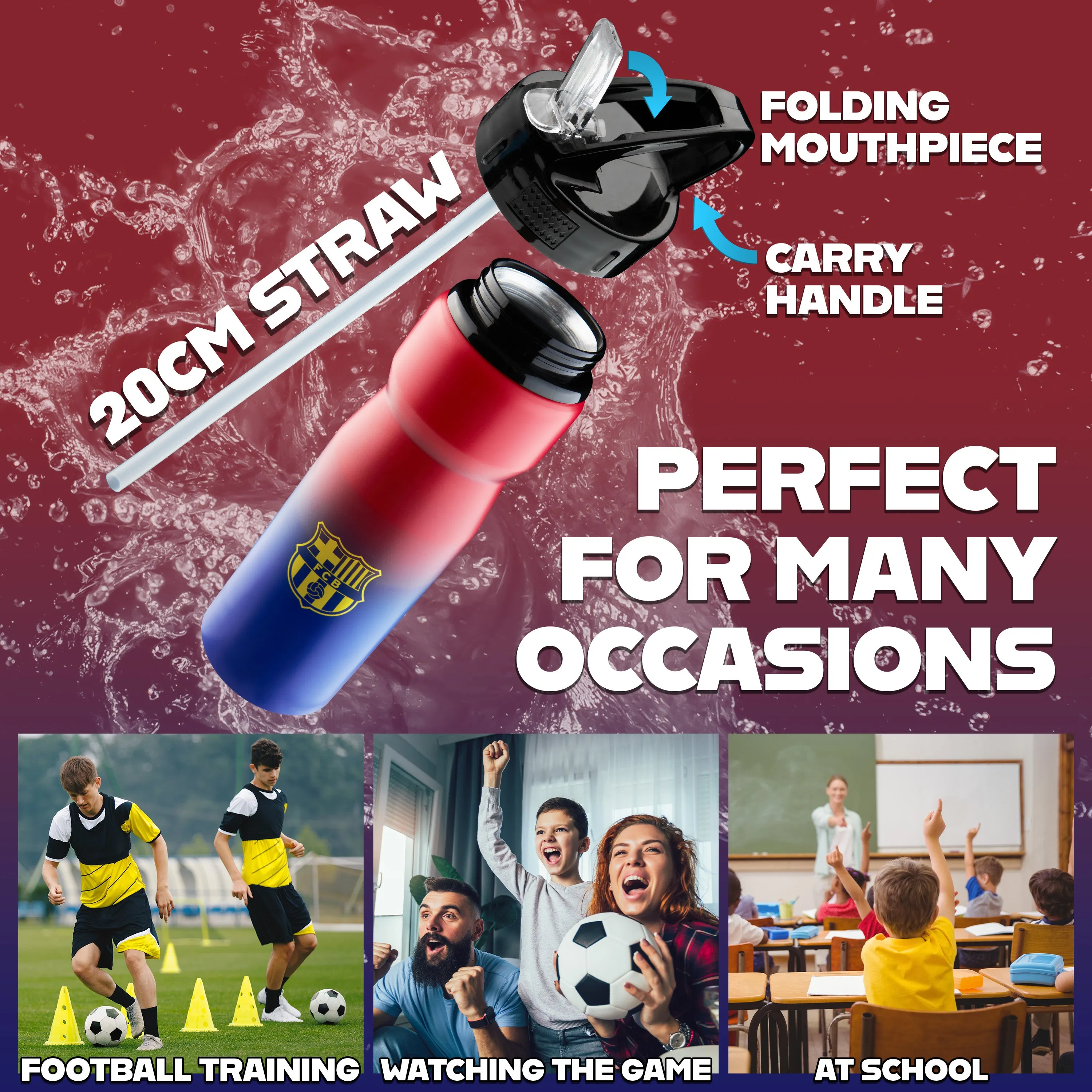 FC Barcelona Water Bottle with Straw Metal Water Bottle for Football Fans