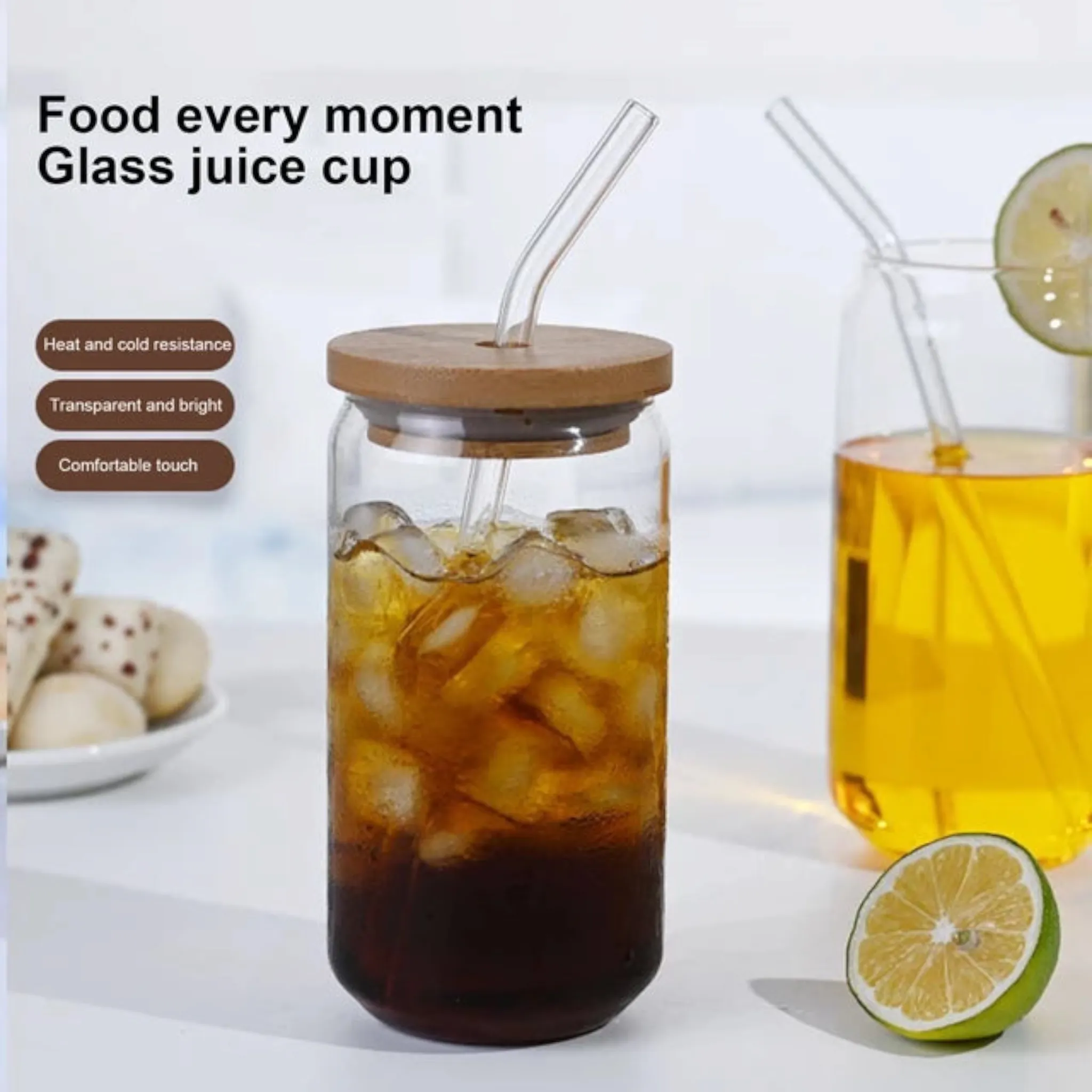 Glass Drinking Can Bottle with Bamboo Lid & Borosilicate Curved Straw