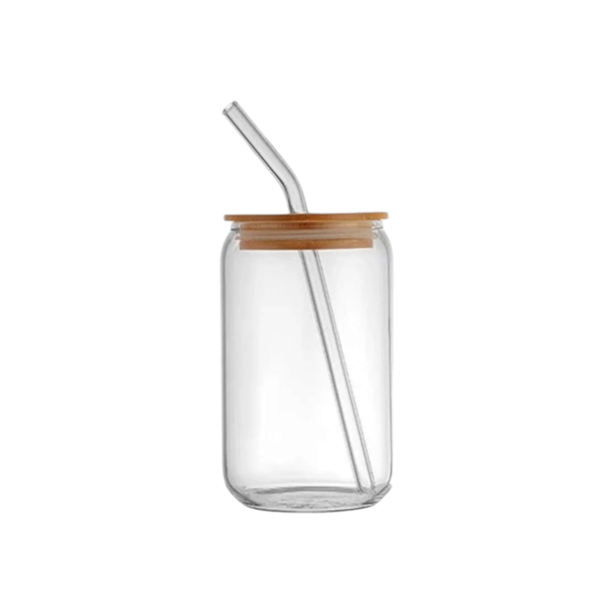 Glass Drinking Can Bottle with Bamboo Lid & Borosilicate Curved Straw