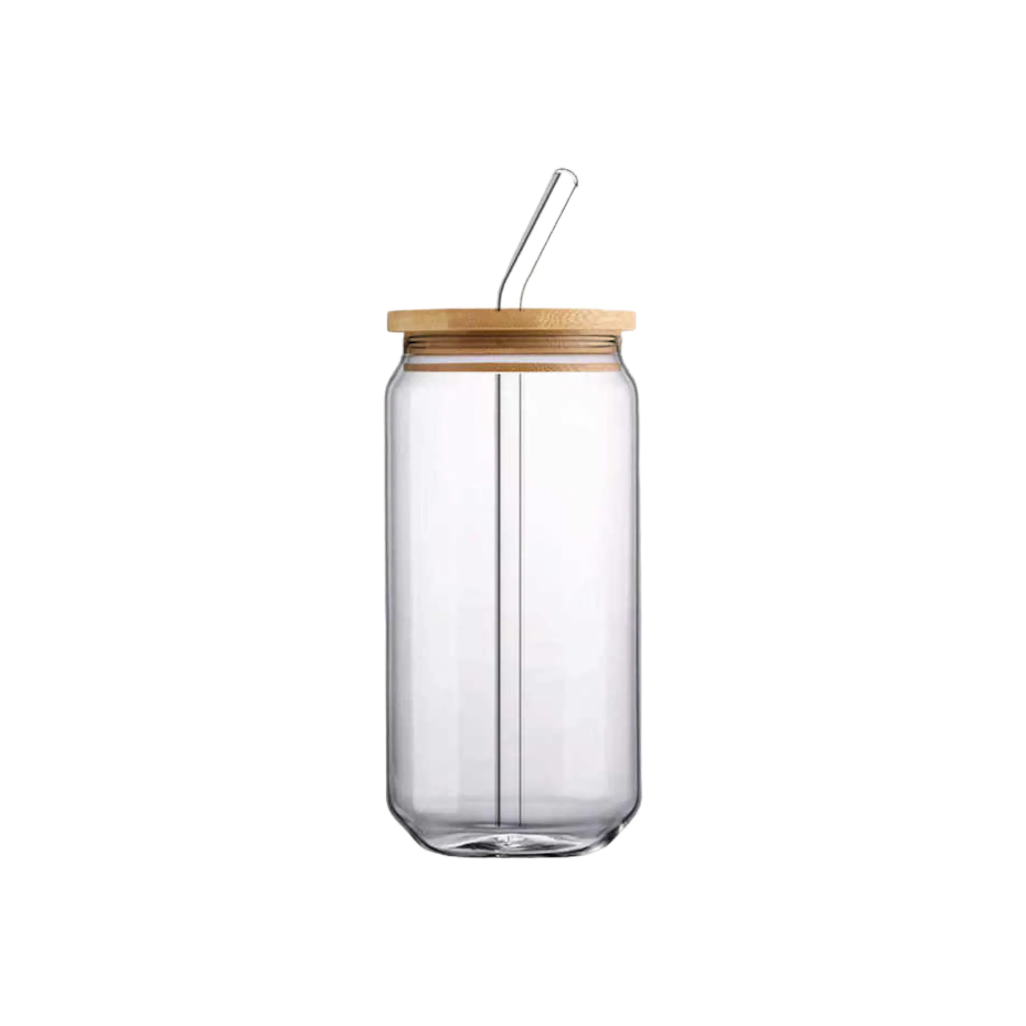 Glass Drinking Can Bottle with Bamboo Lid & Borosilicate Curved Straw