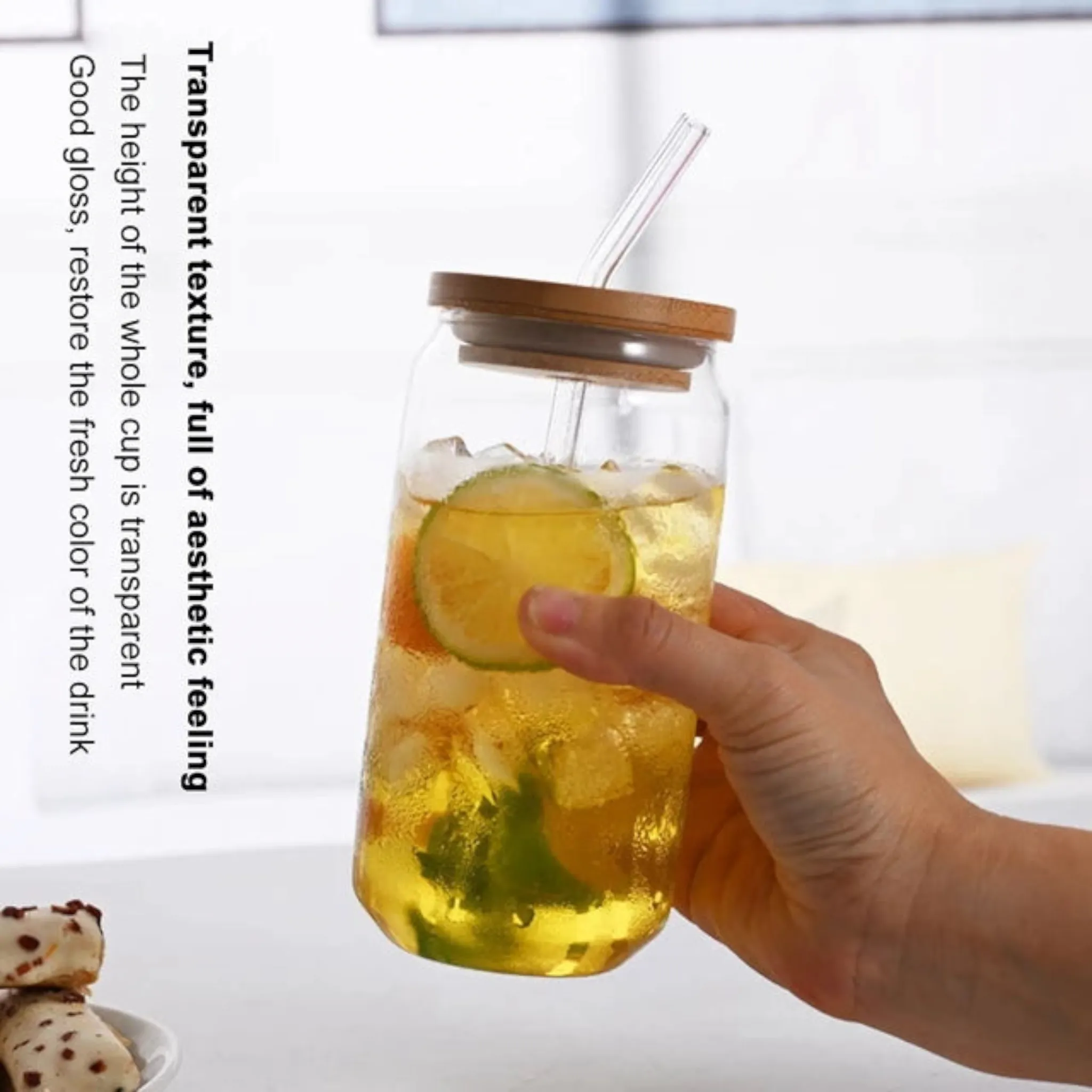 Glass Drinking Can Bottle with Bamboo Lid & Borosilicate Curved Straw