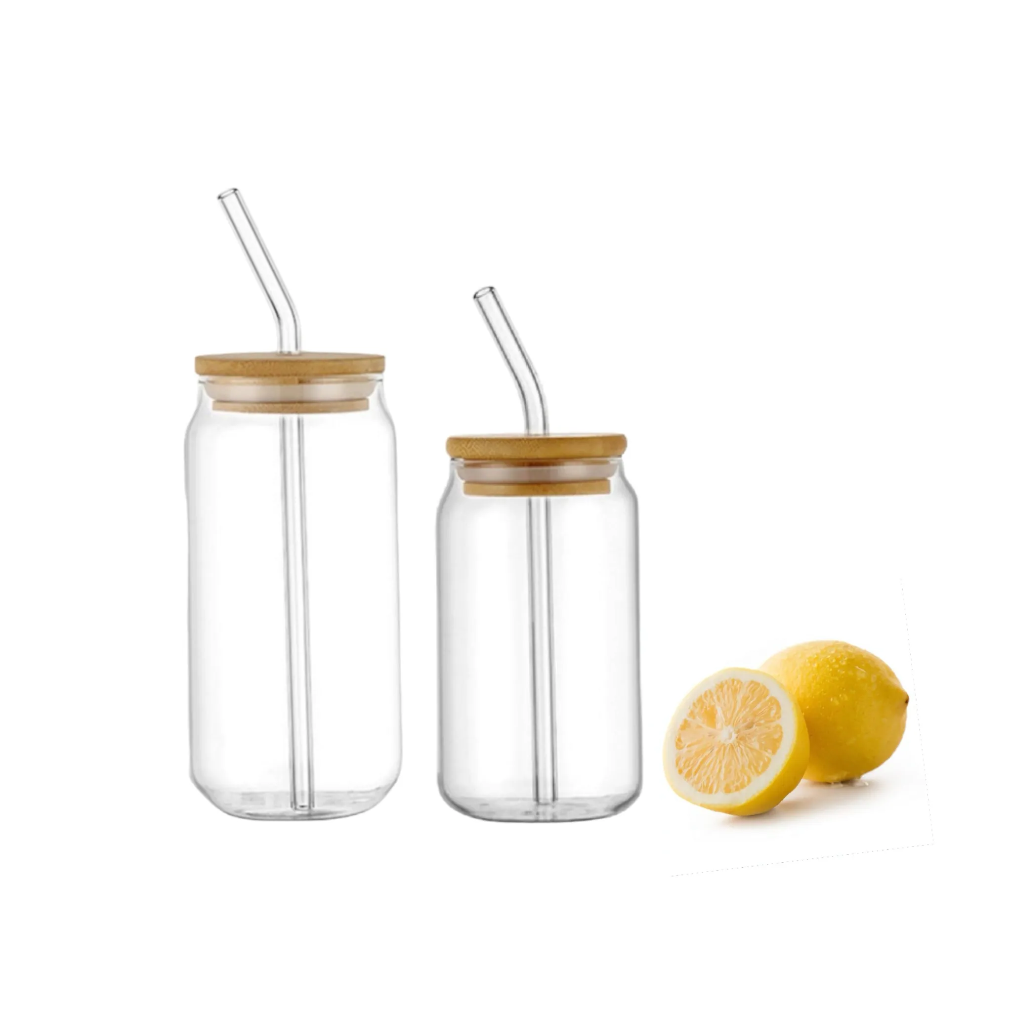 Glass Drinking Can Bottle with Bamboo Lid & Borosilicate Curved Straw