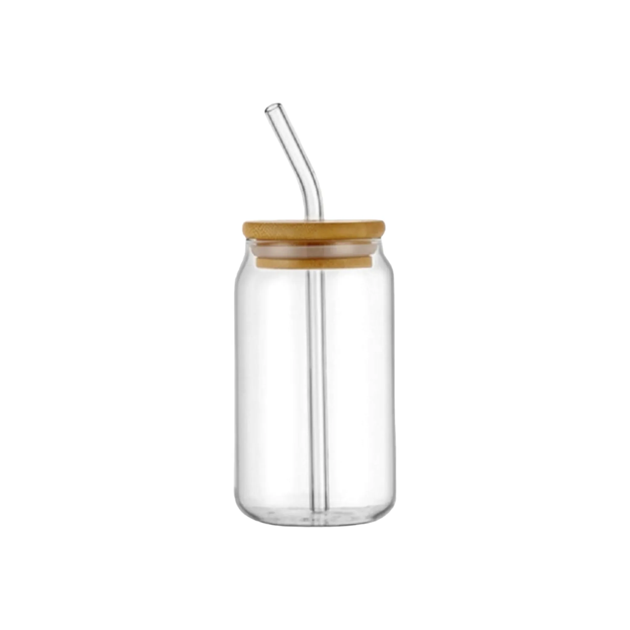 Glass Drinking Can Bottle with Bamboo Lid & Borosilicate Curved Straw