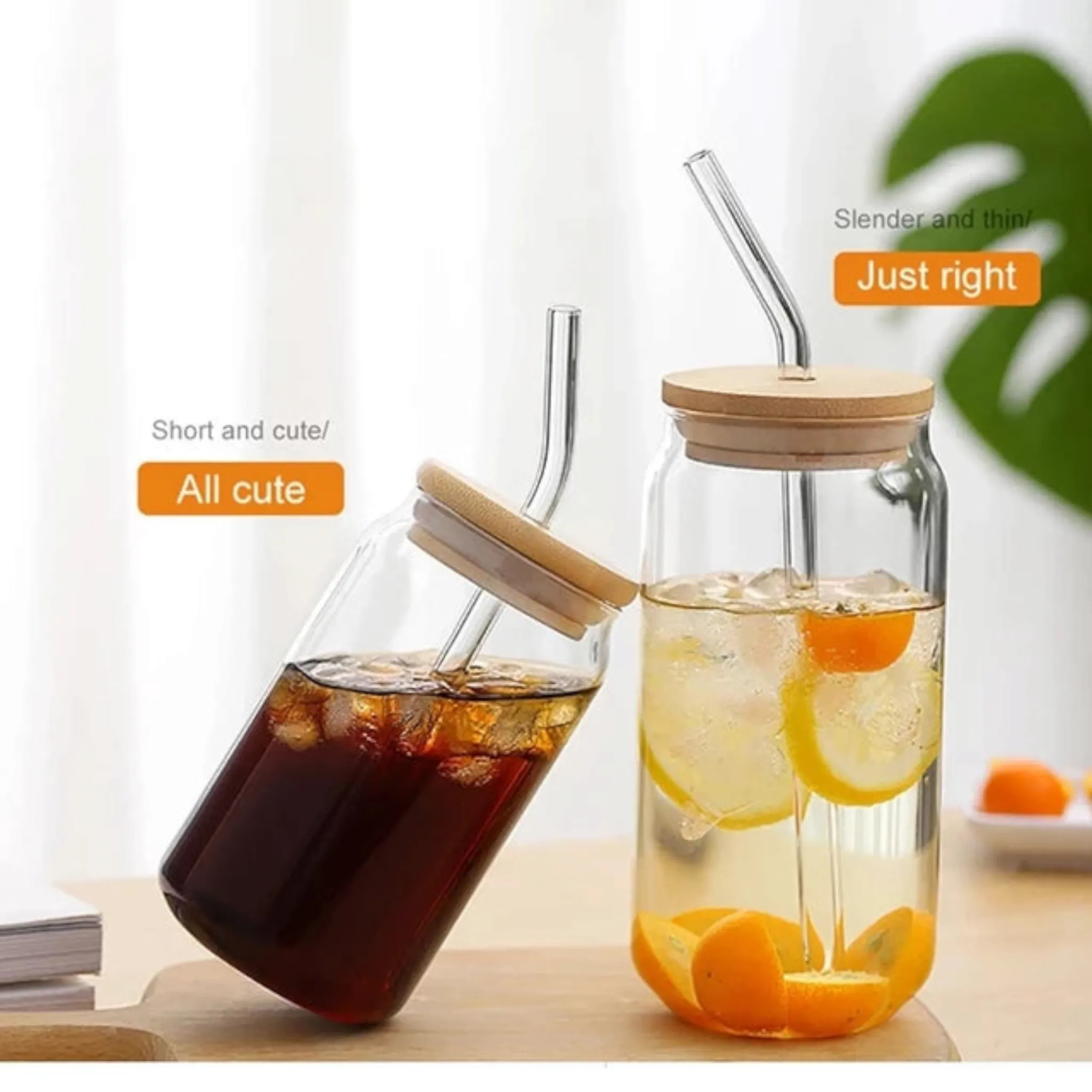 Glass Drinking Can Bottle with Bamboo Lid & Borosilicate Curved Straw