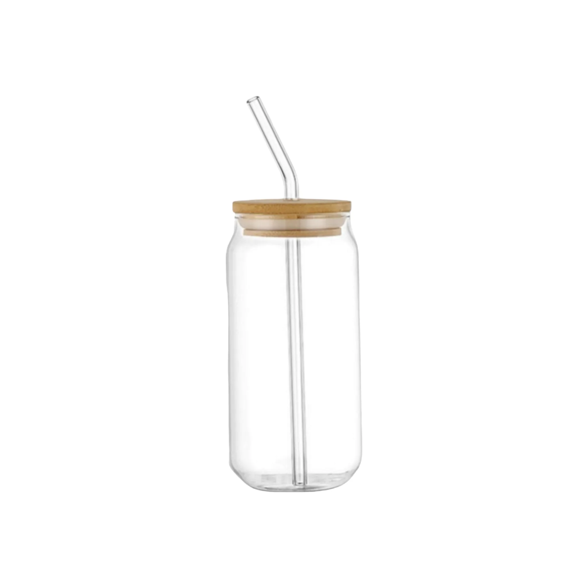 Glass Drinking Can Bottle with Bamboo Lid & Borosilicate Curved Straw