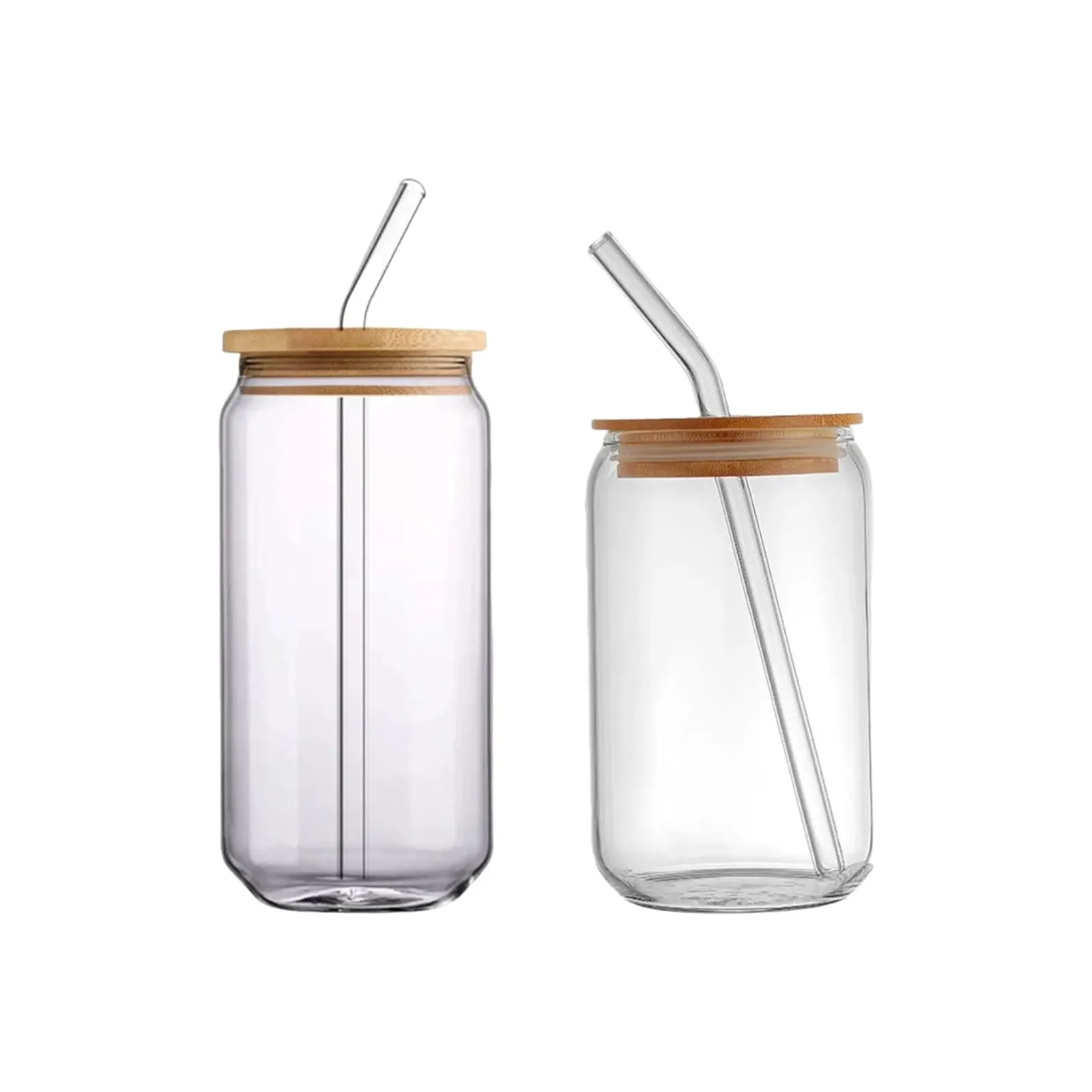 Glass Drinking Can Bottle with Bamboo Lid & Borosilicate Curved Straw