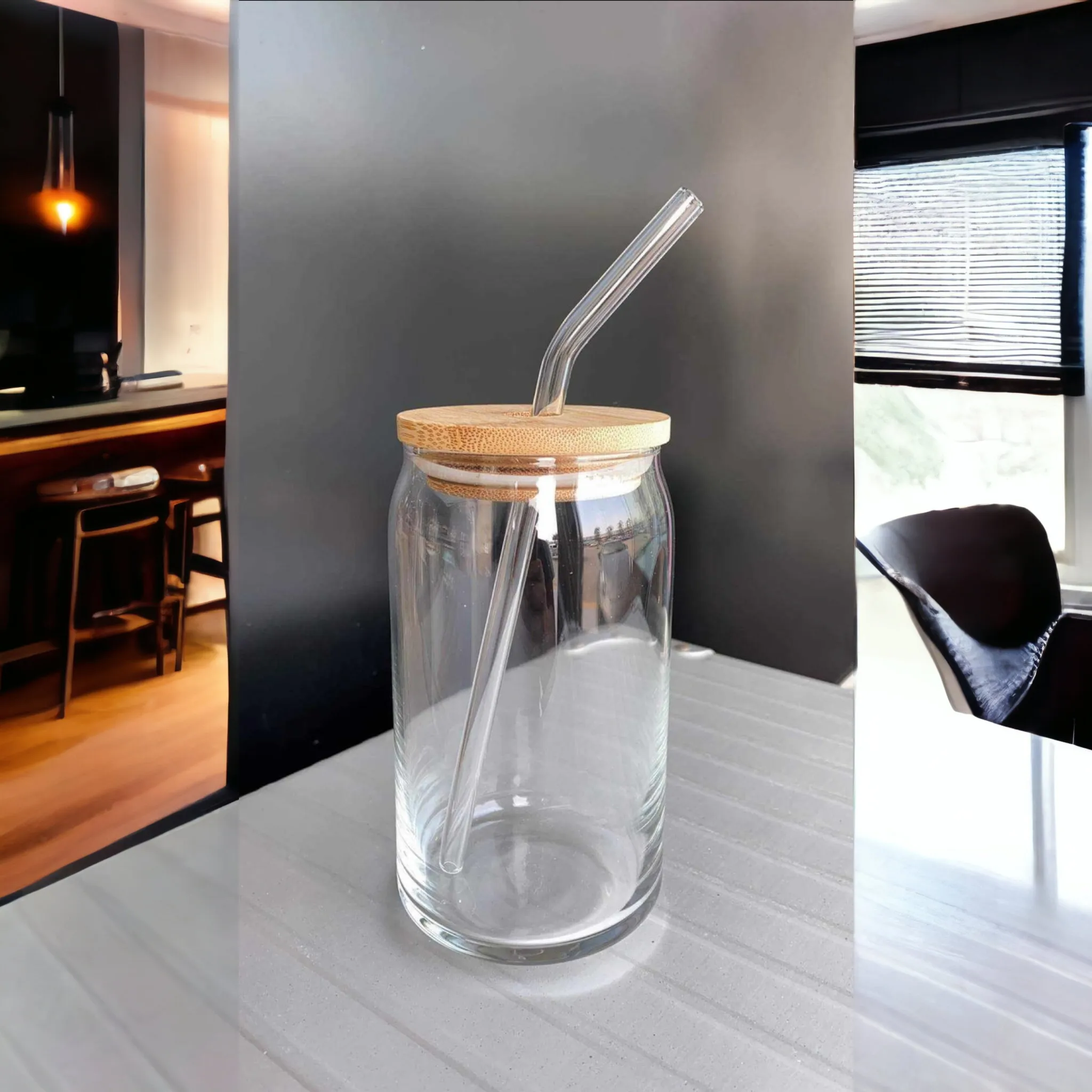 Glass Drinking Can Bottle with Bamboo Lid & Borosilicate Curved Straw