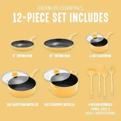 GreenLife Essentials 12pc Ceramic Nonstick Aluminum Cookware Set Light Yellow