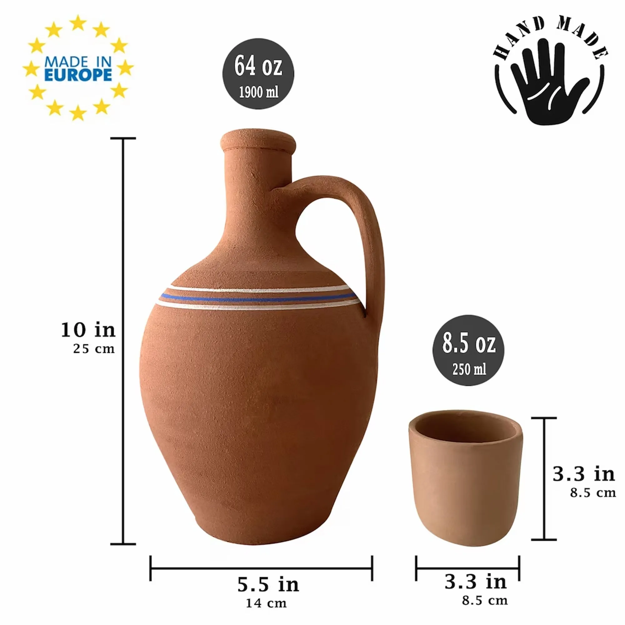 Handmade Clay Water Pitcher with Cup Options, Water Carafe