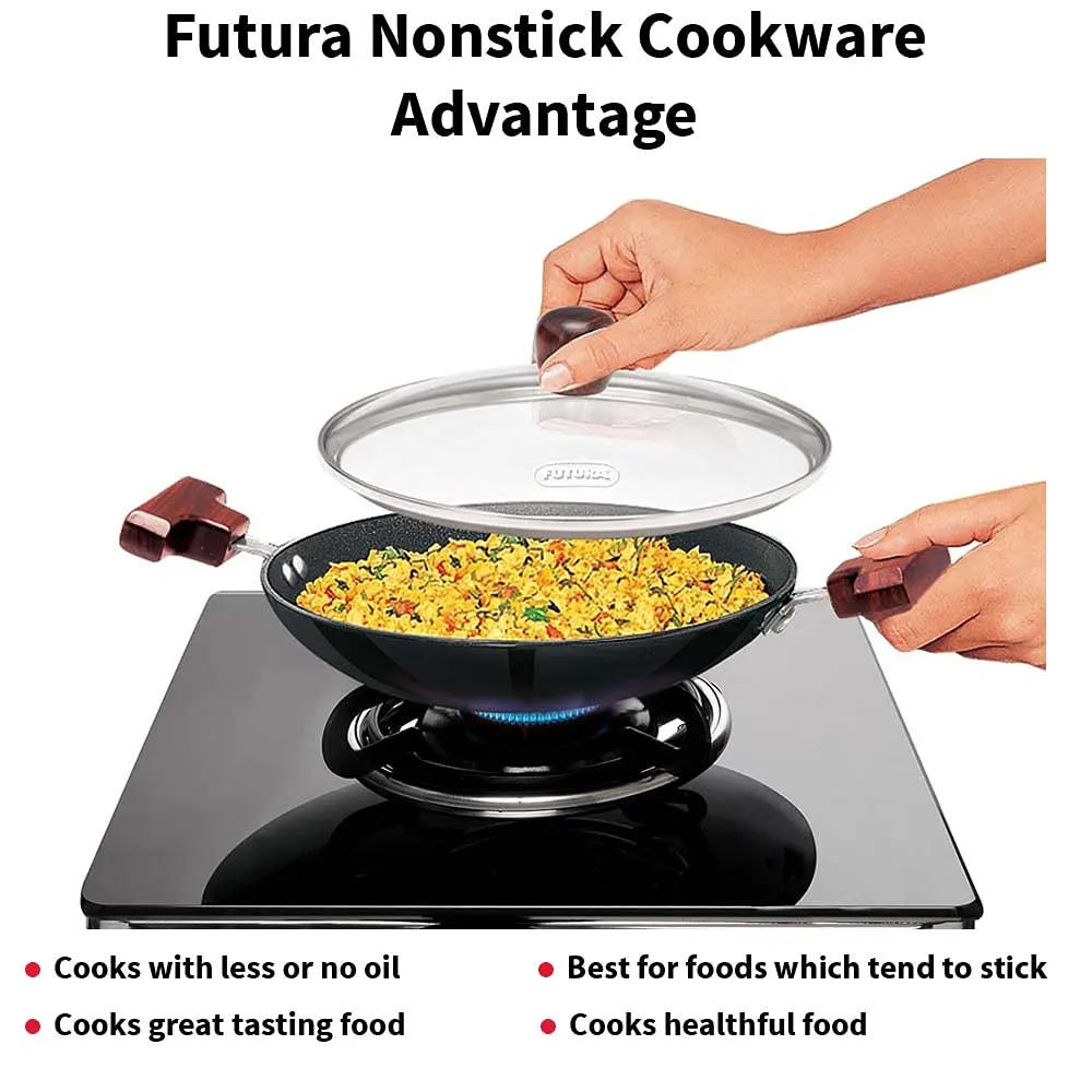 Hawkins FUTURA 0.9 Litre Breakfast Pan with Glass Lid, Nonstick Cookware, Appachatty, Chetty Pan, Appam Patra, Round Bottom Kadai, Black (NBFP09G) - 217 mm