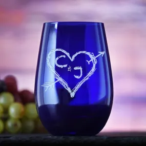 Heart and Arrow Lovers Etched Blue Stemless Wine Glass | Crystal Imagery