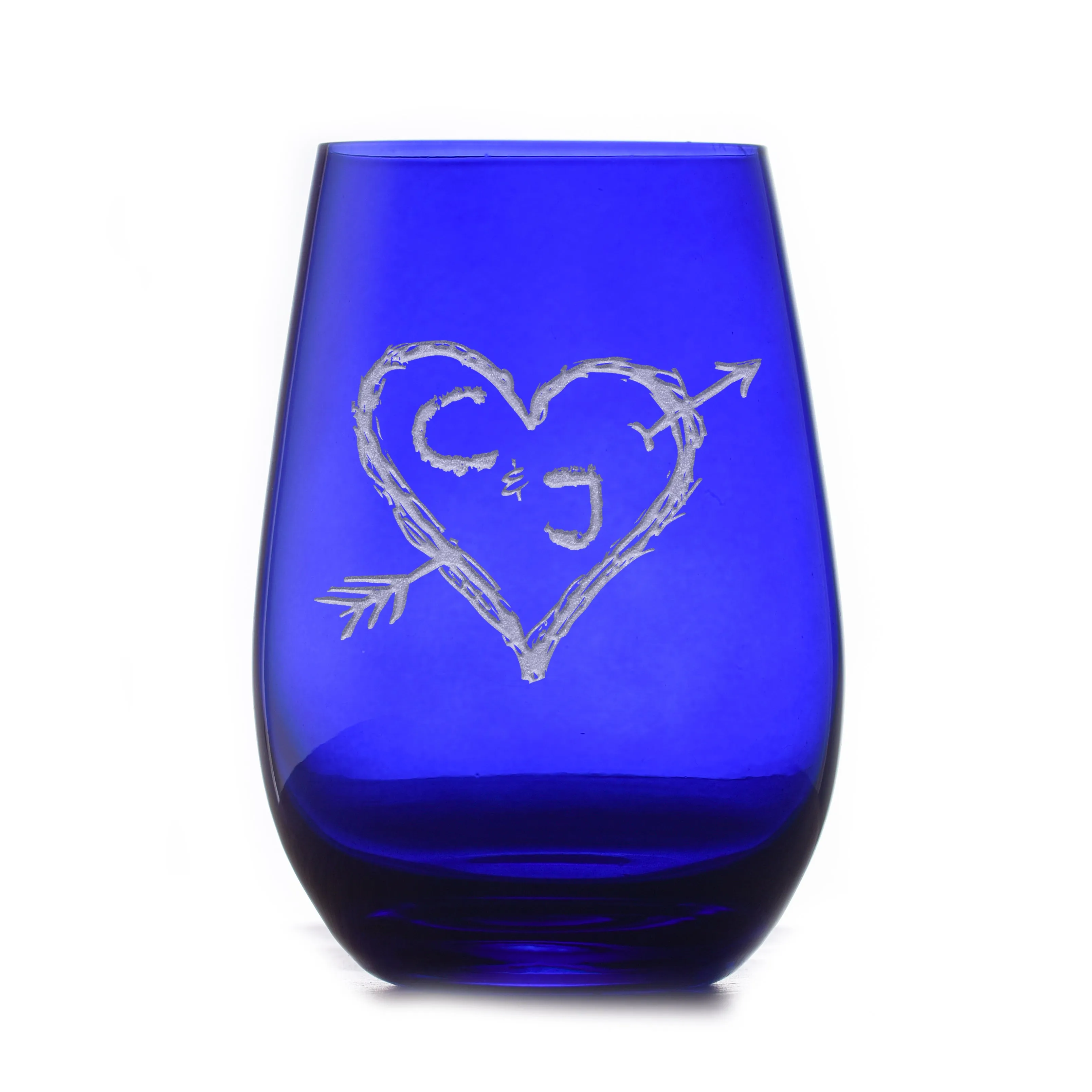 Heart and Arrow Lovers Etched Blue Stemless Wine Glass | Crystal Imagery