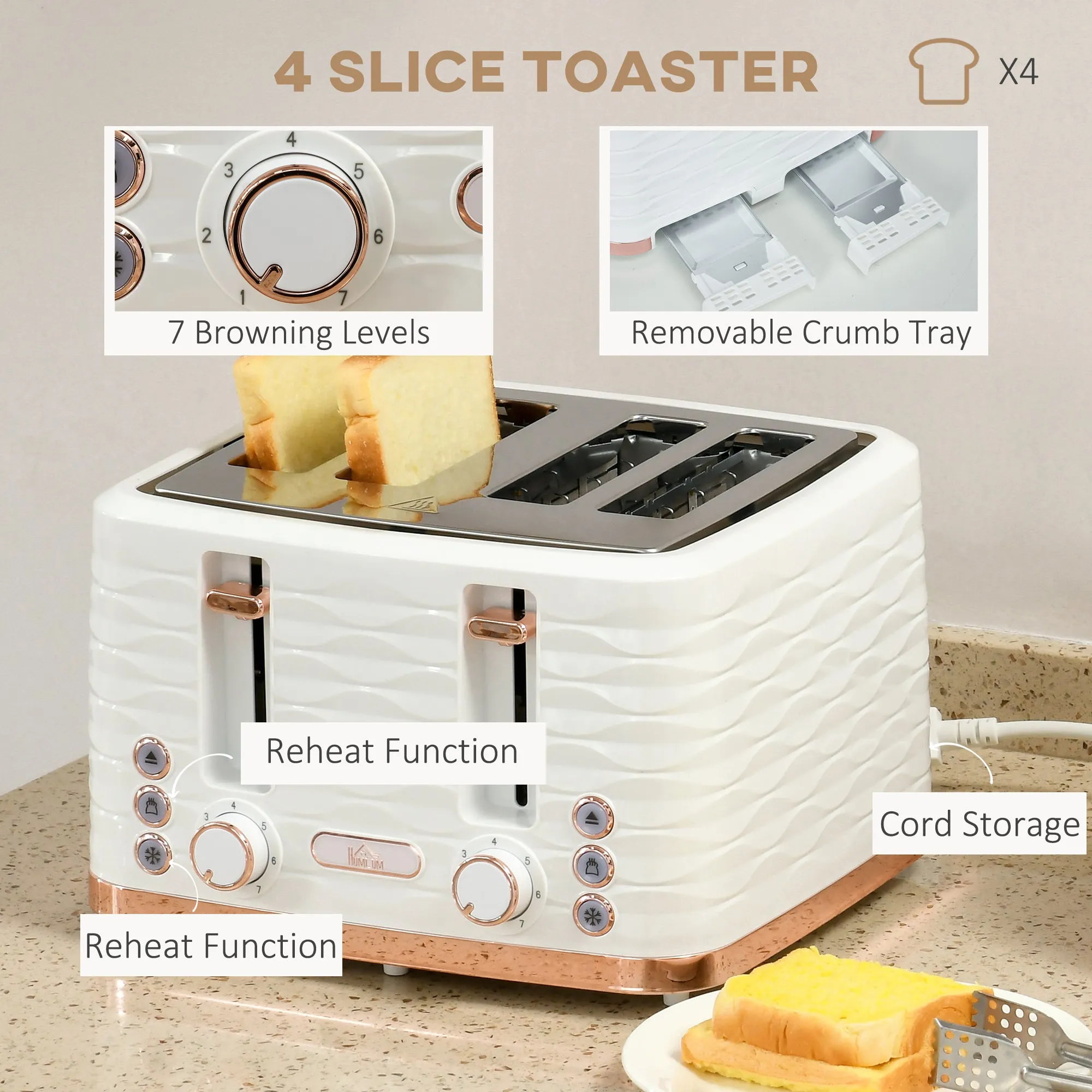 HOMCOM Kettle and Toaster Set 1.7L Rapid Boil Kettle & 4 Slice Toaster White