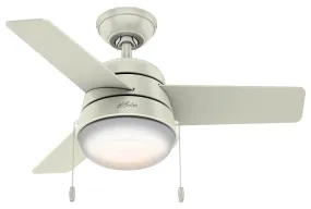 Hunter Aker Series 59301 Ceiling Fan, 3-Blade, Fresh White Housing, Fresh White/Natural Wood Blade, 36 in Sweep :EA: QUANTITY: 1