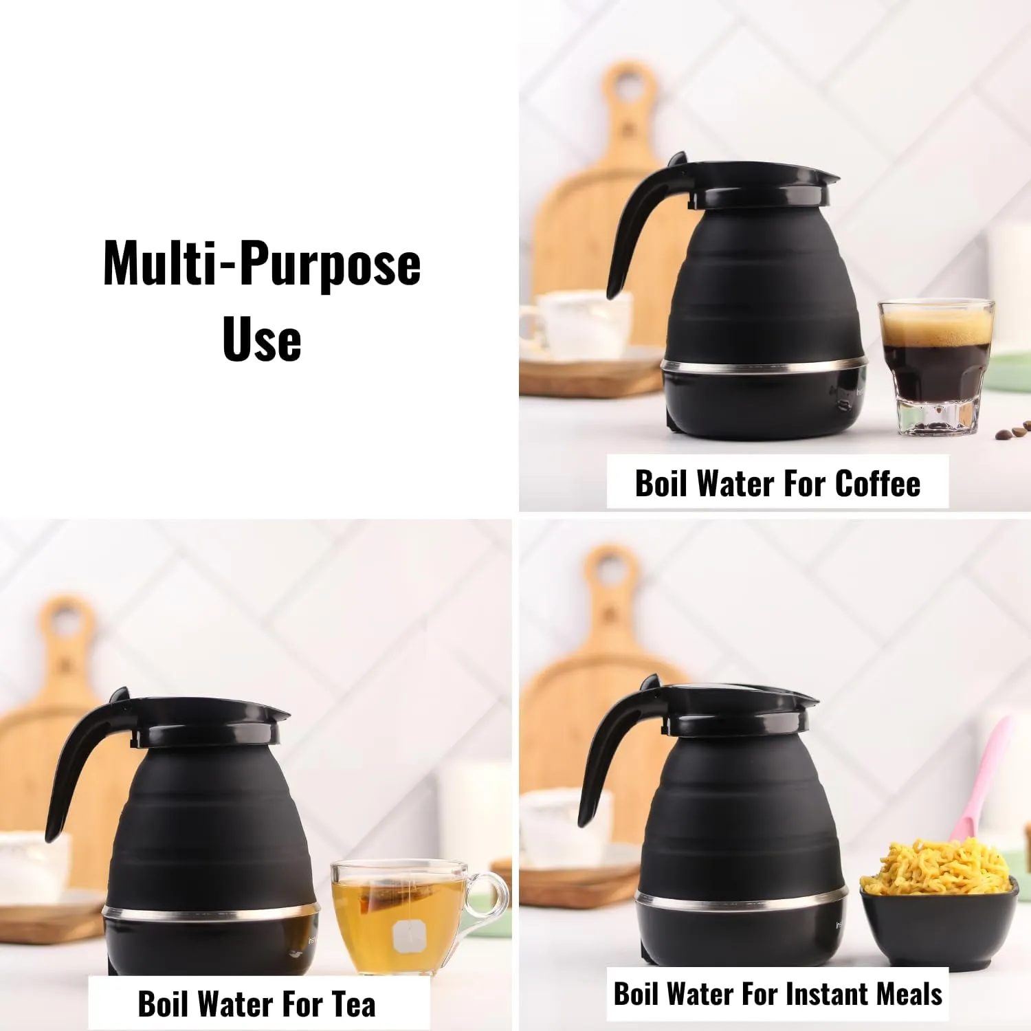 Kuber Industries Pack of 3 Foldable Electric Kettle 600 ML|Silicone Body With 304-Stainless Steel Base|Leak Proof Design|Multipurpose Portable Electric Kettle for Travel, Office & Home|600W|Black