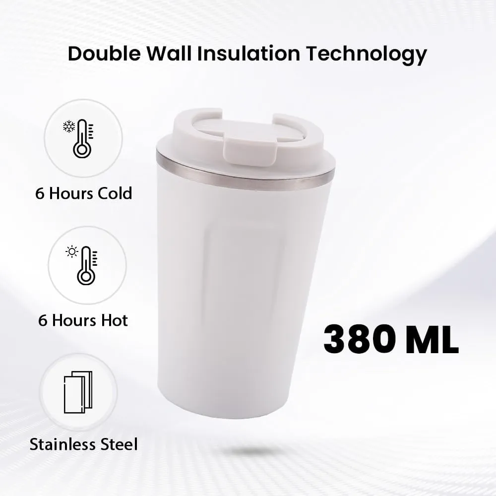 Kuber Industries Stainless Steel Insulated Coffee Cup with Sipper Mouth|Travel Coffee Mug 380 ML-Pack of 3|White|