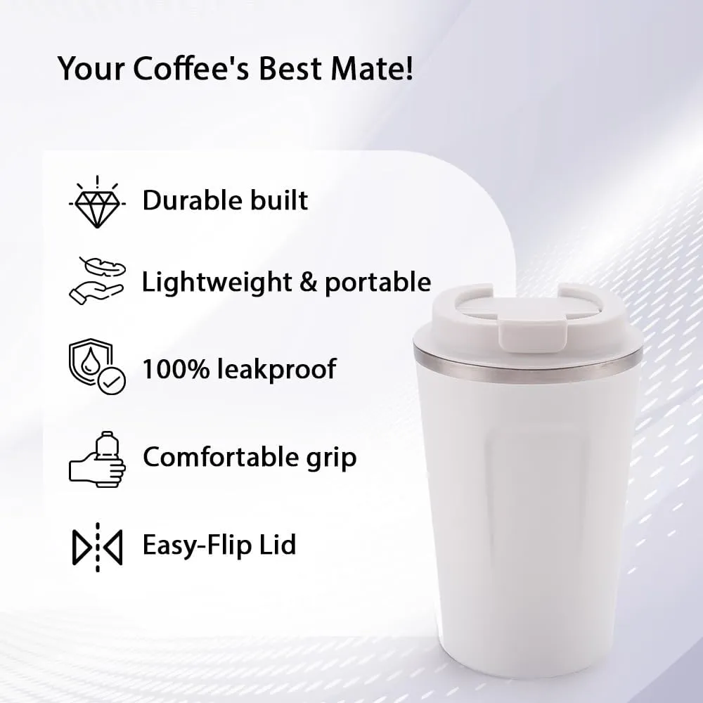 Kuber Industries Stainless Steel Insulated Coffee Cup with Sipper Mouth|Travel Coffee Mug 380 ML-Pack of 3|White|