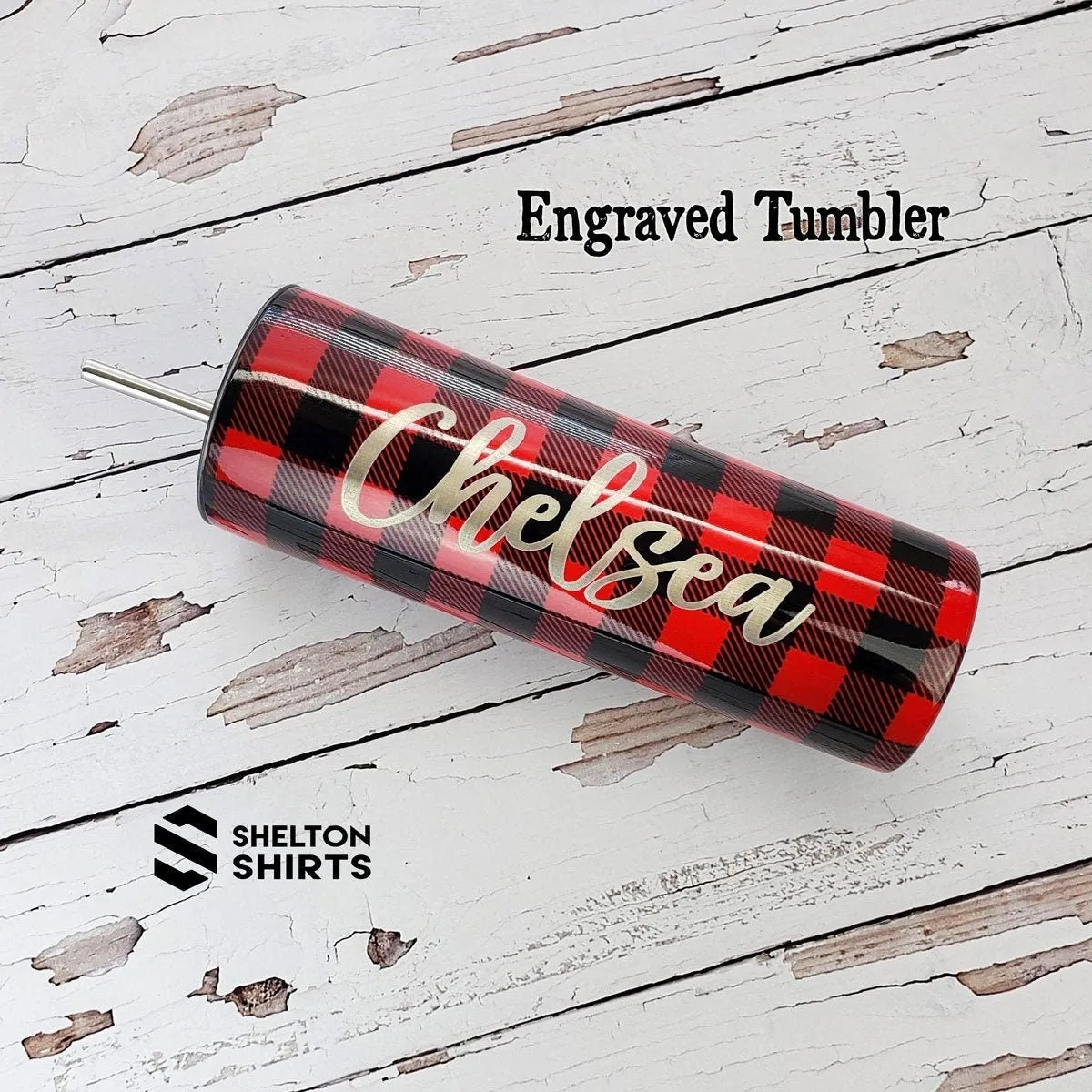 Laser Engraved Buffalo Plaid Tumbler with Script Name on side