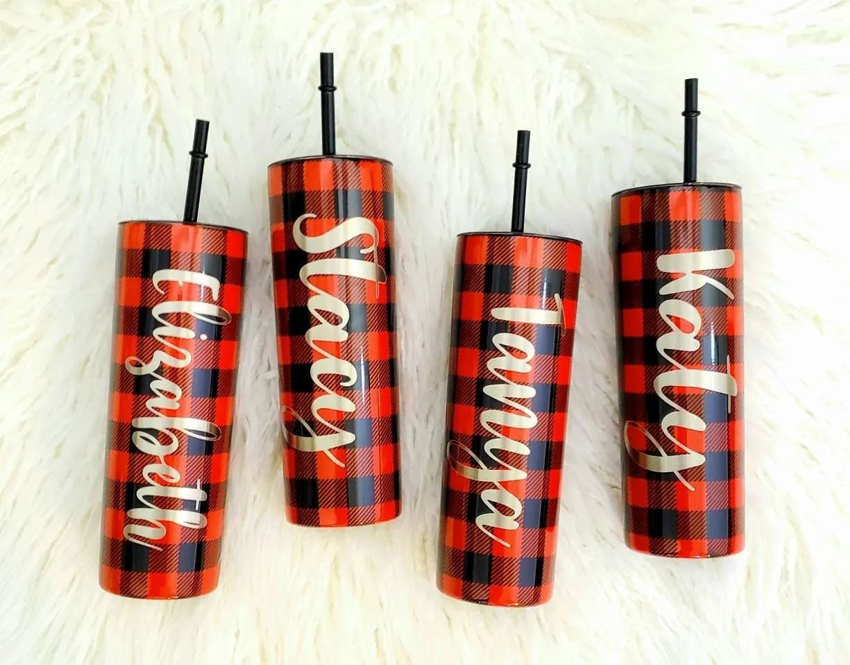 Laser Engraved Buffalo Plaid Tumbler with Script Name on side