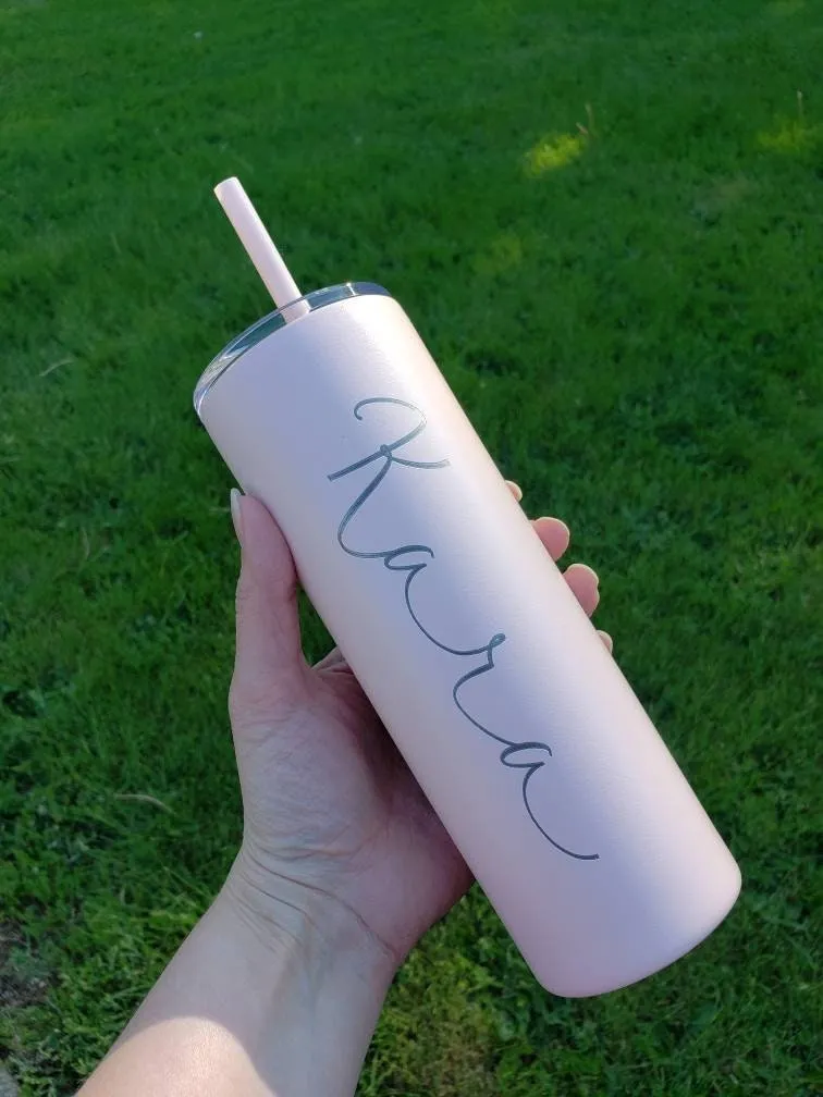 Laser Engraved Matte Blush Tumbler with Script Name on side