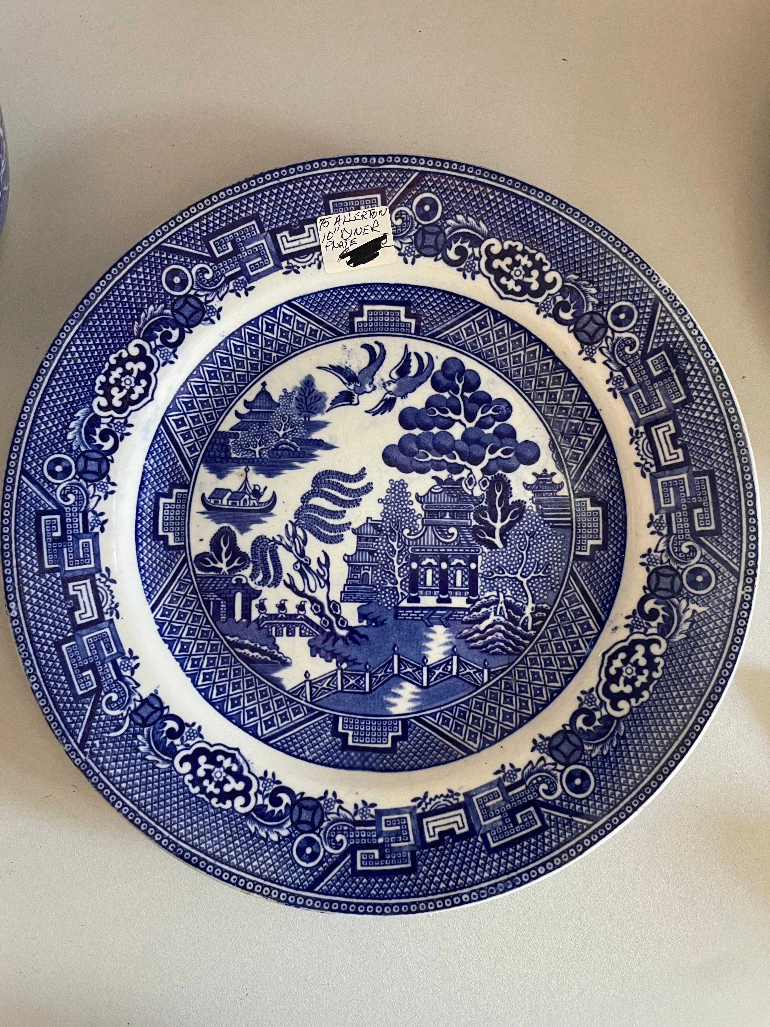 <€€ Antique 75 Allertons Willow Blue Set/4 10” Dinner Plates England