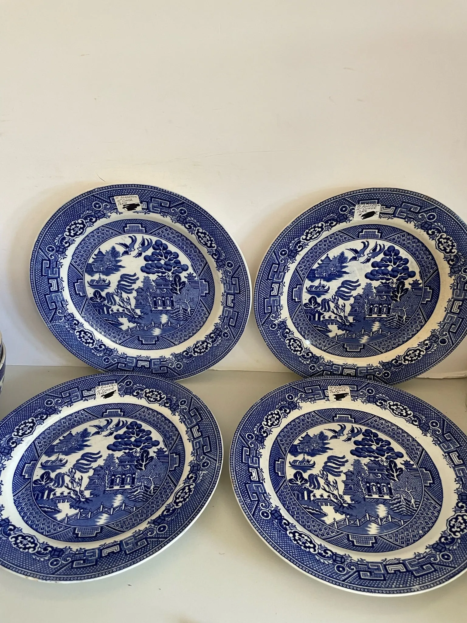 <€€ Antique 75 Allertons Willow Blue Set/4 10” Dinner Plates England