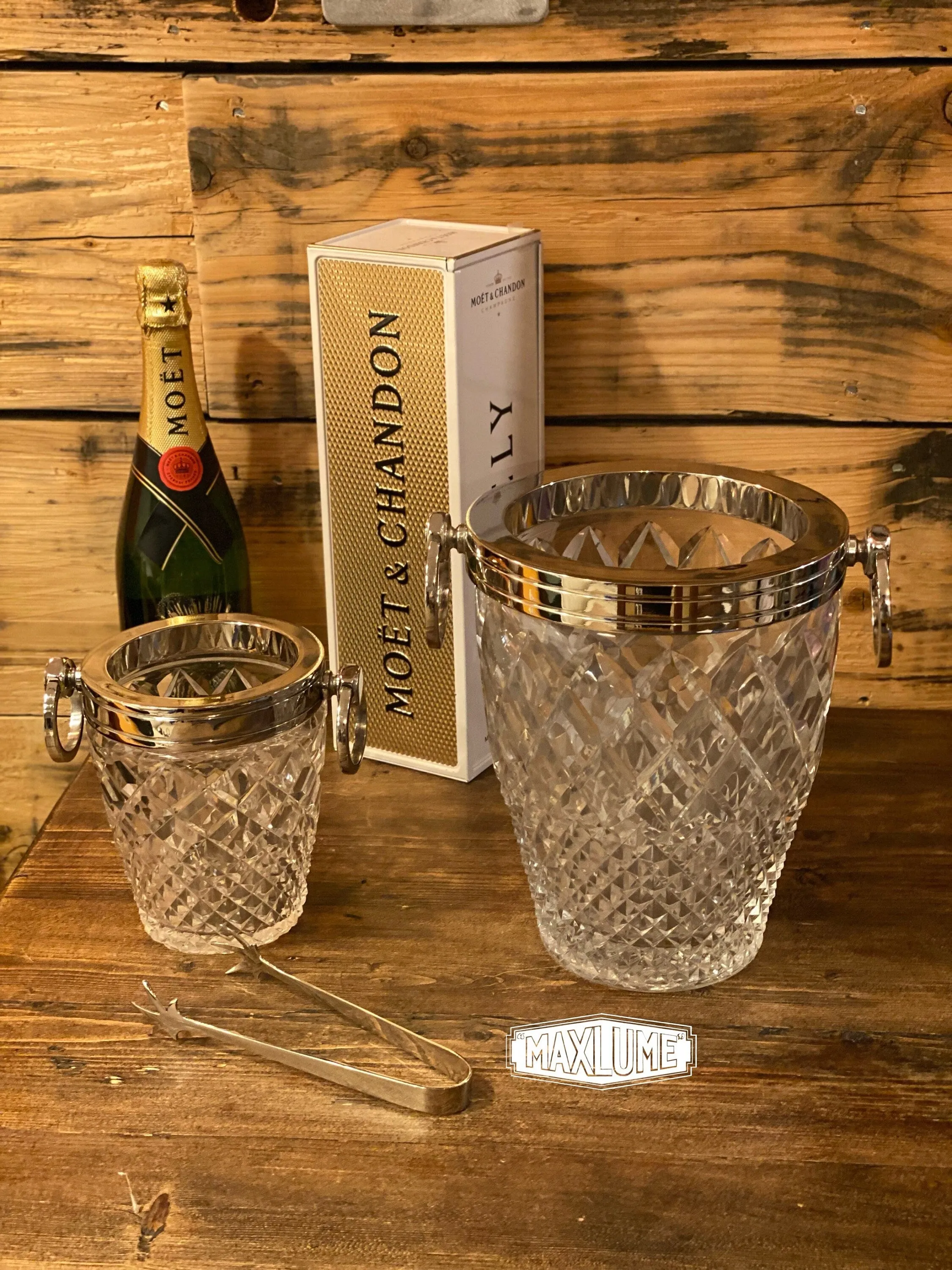 Maxlume ~ Luxury 3 Piece Solid Glass Hand Cut Engraved Wine & Ice Cooler Champagne Glass Bucket French