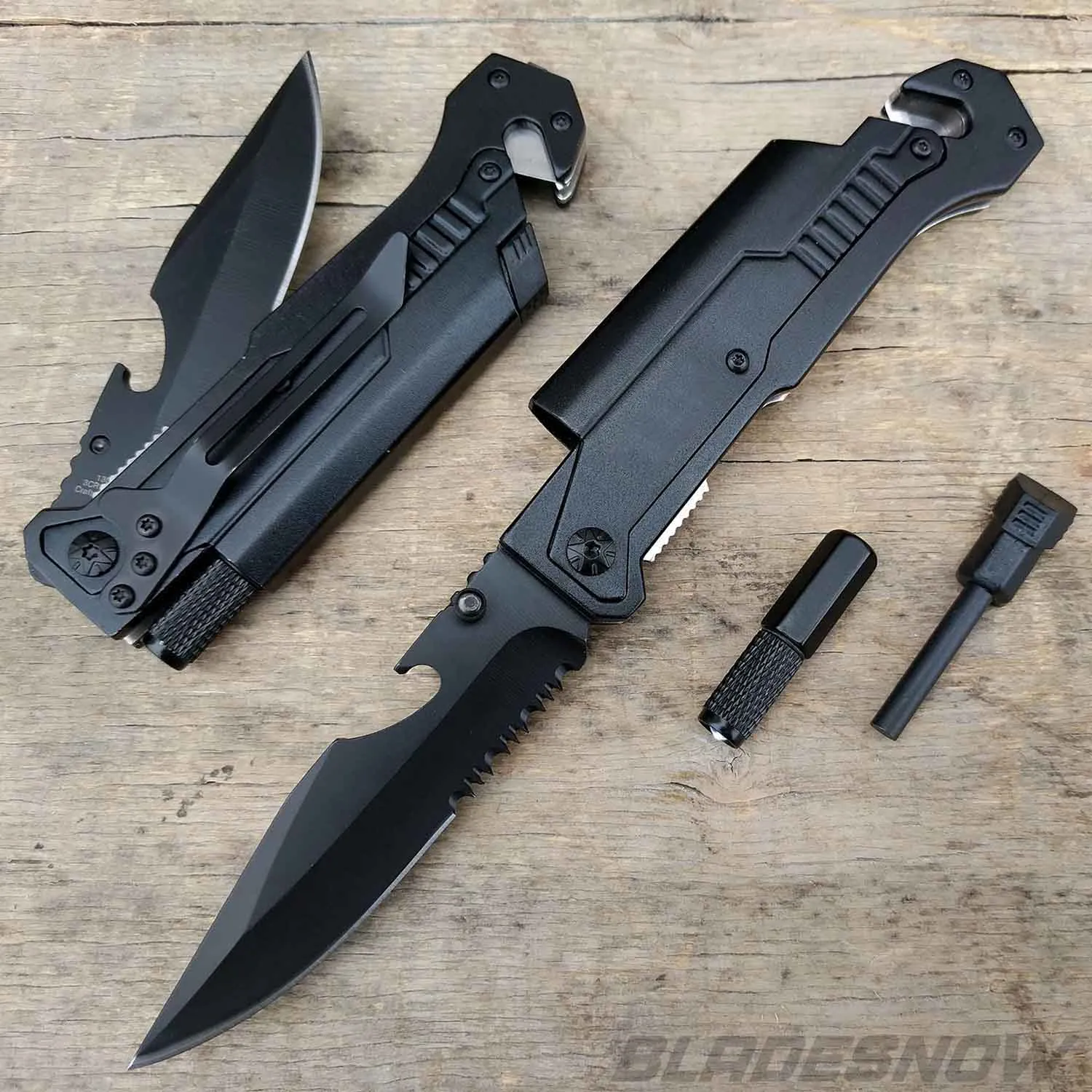 Multifunction Spring Assisted LED Pocket Knife Multitool Black