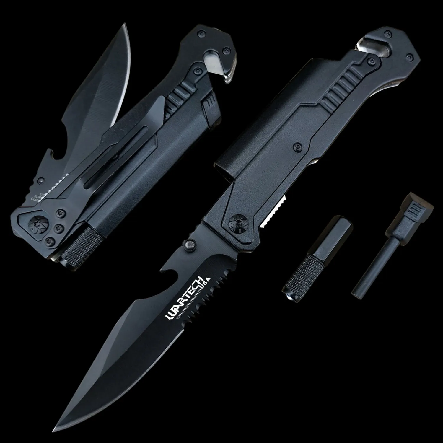 Multifunction Spring Assisted LED Pocket Knife Multitool Black