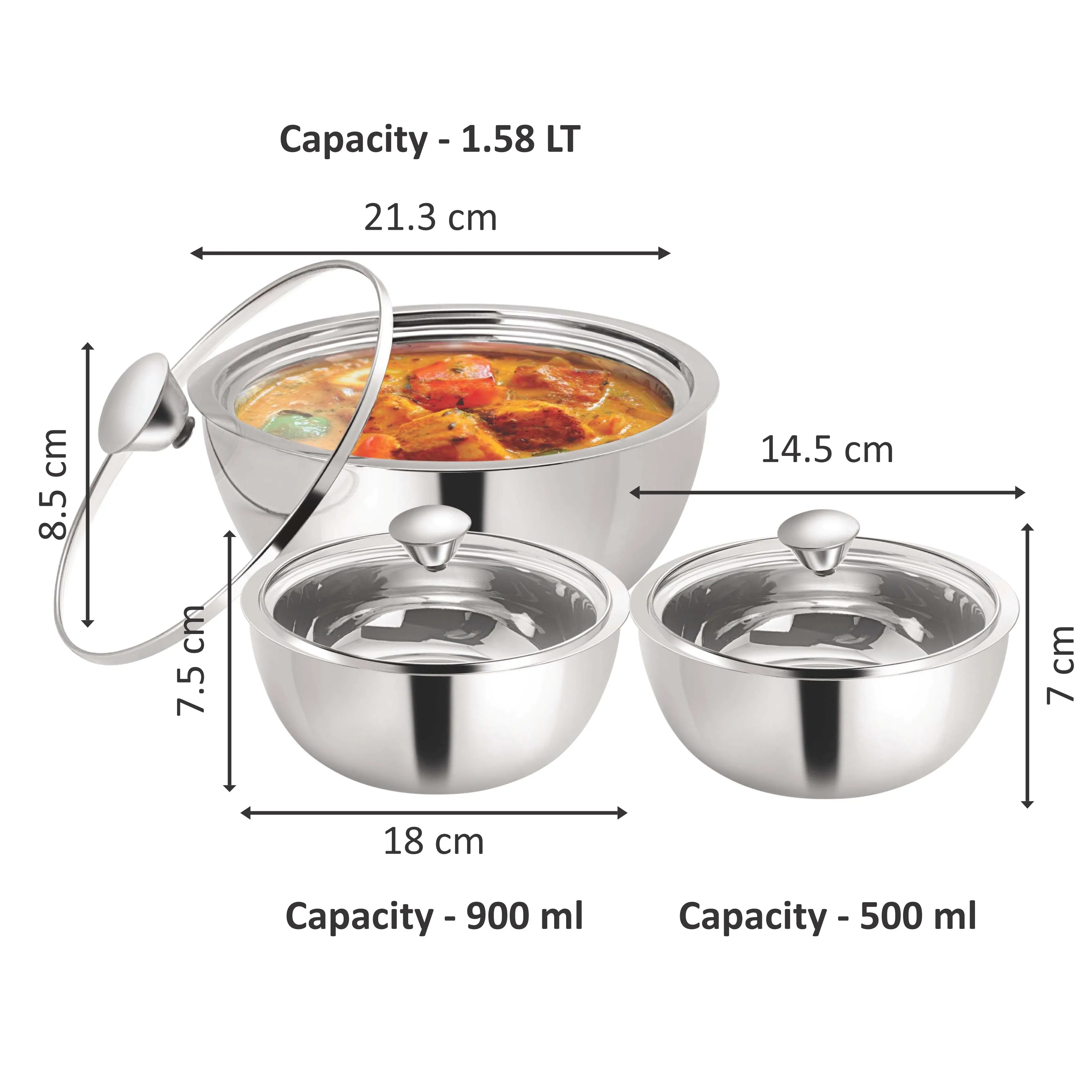 NanoNine Gravy Pot (500ml 900ml  1.58ltr) Gift Set No.3 Stainless Steel Insulated Serving Pots & Casseroles