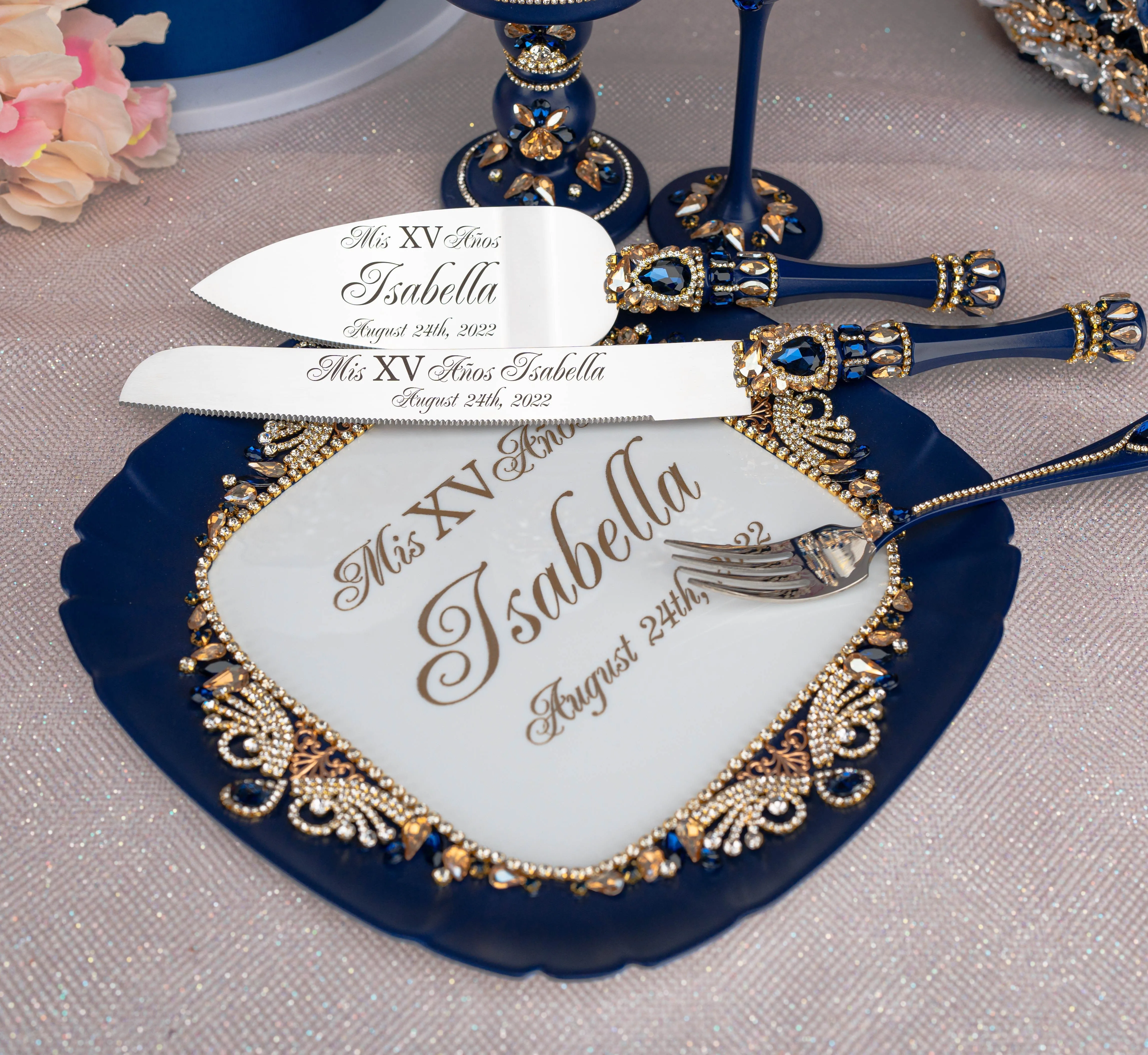 Navy blue with gold quinceanera brindis package with bottle and candle