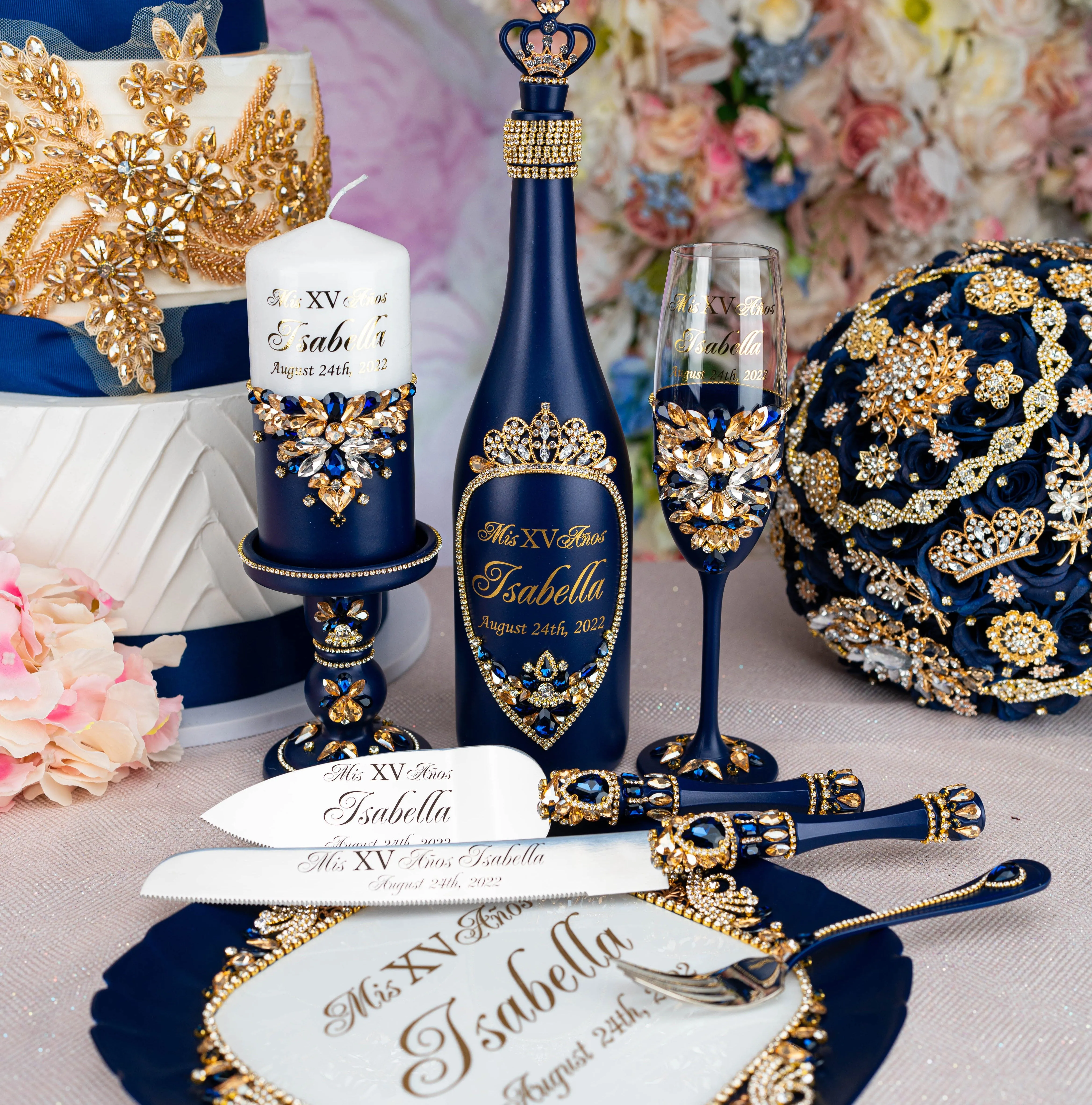 Navy blue with gold quinceanera brindis package with bottle and candle