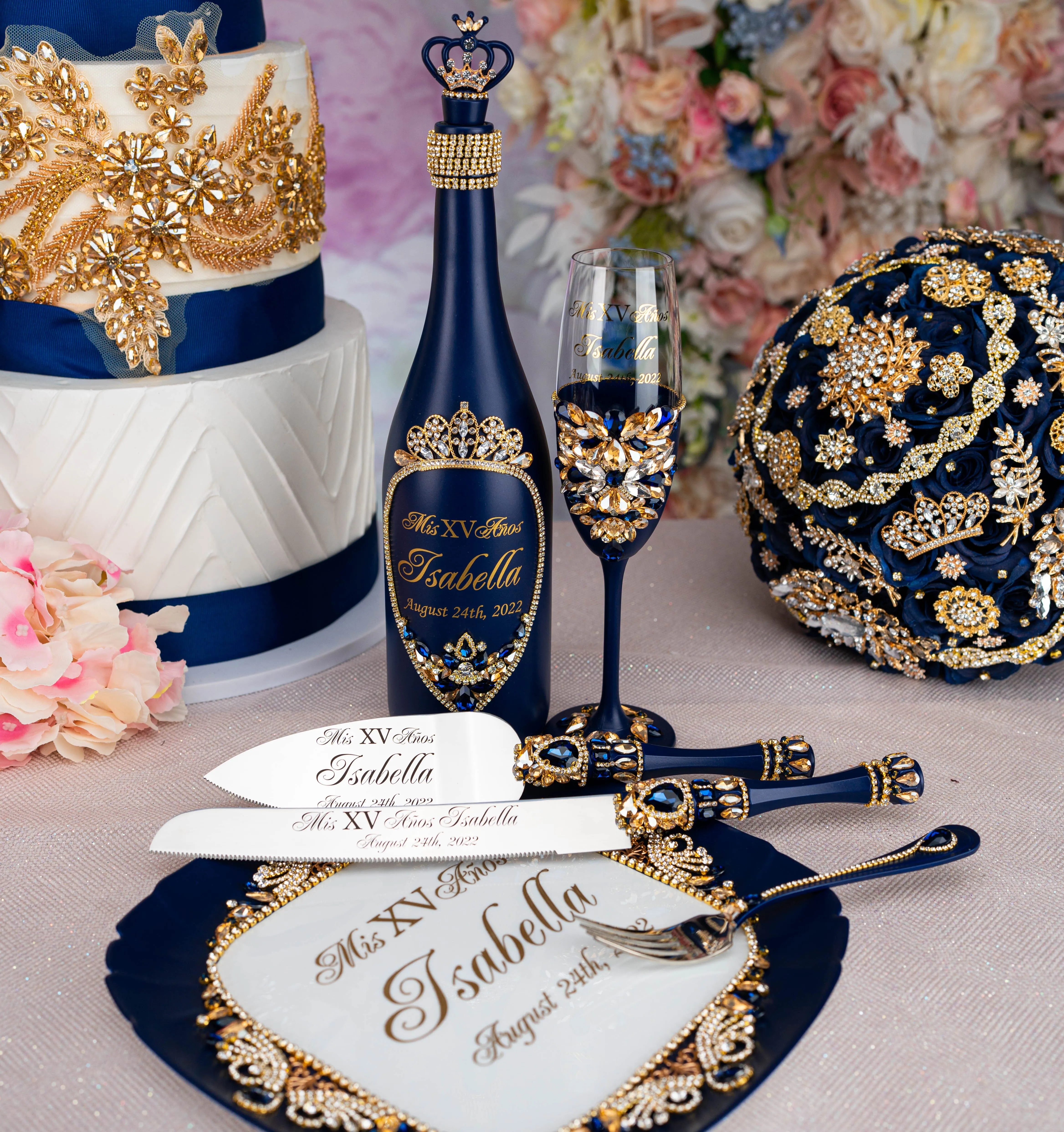 Navy blue with gold quinceanera brindis package with bottle and candle