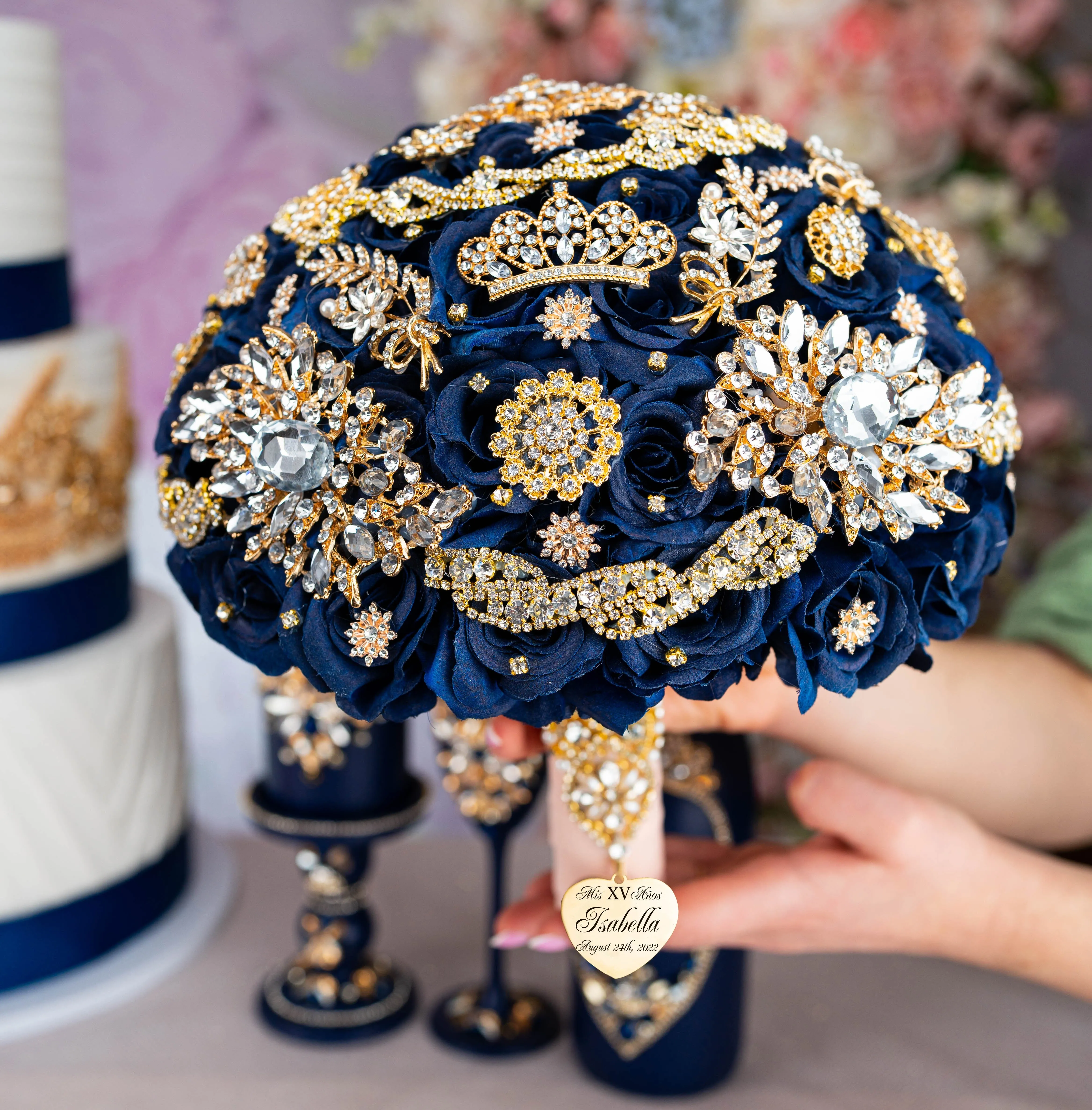 Navy blue with gold quinceanera brindis package with bottle and candle