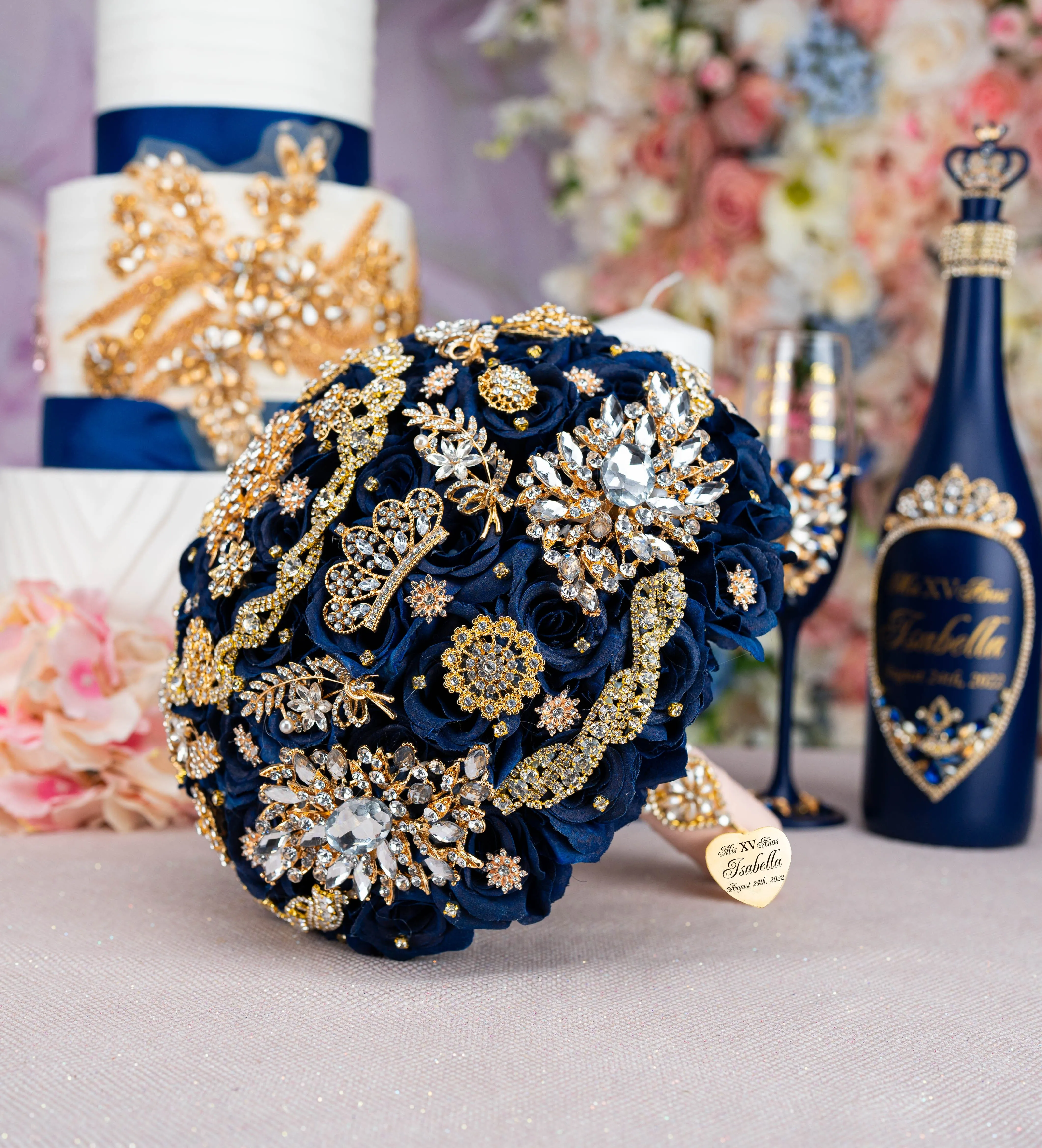 Navy blue with gold quinceanera brindis package with bottle and candle