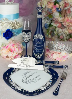 Navy Blue with silver quinceanera brindis package with bottle