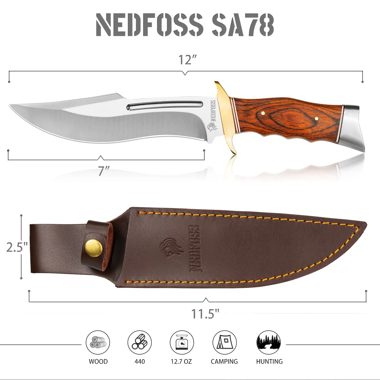 Nedfoss SA78 Fixed Blade Bowie Knife with Leather Sheath,  7" 440 Blade