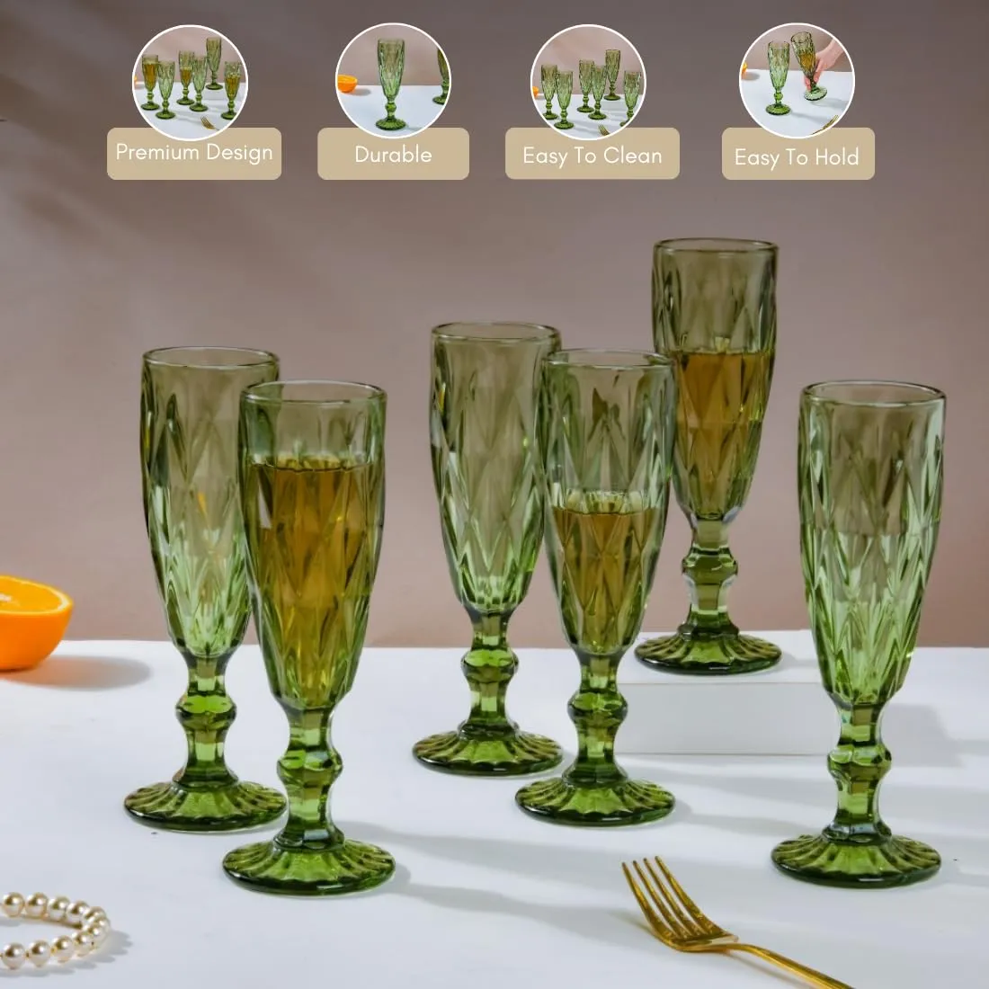 OLIVE GREEN CHAMPAGNE & WINE GLASS - SET OF 6 AT PRICE OF 4