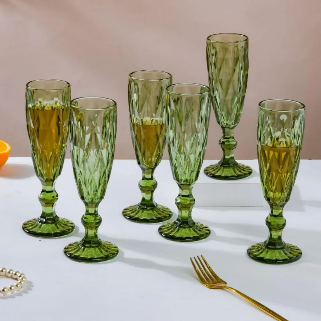 OLIVE GREEN CHAMPAGNE & WINE GLASS - SET OF 6 AT PRICE OF 4