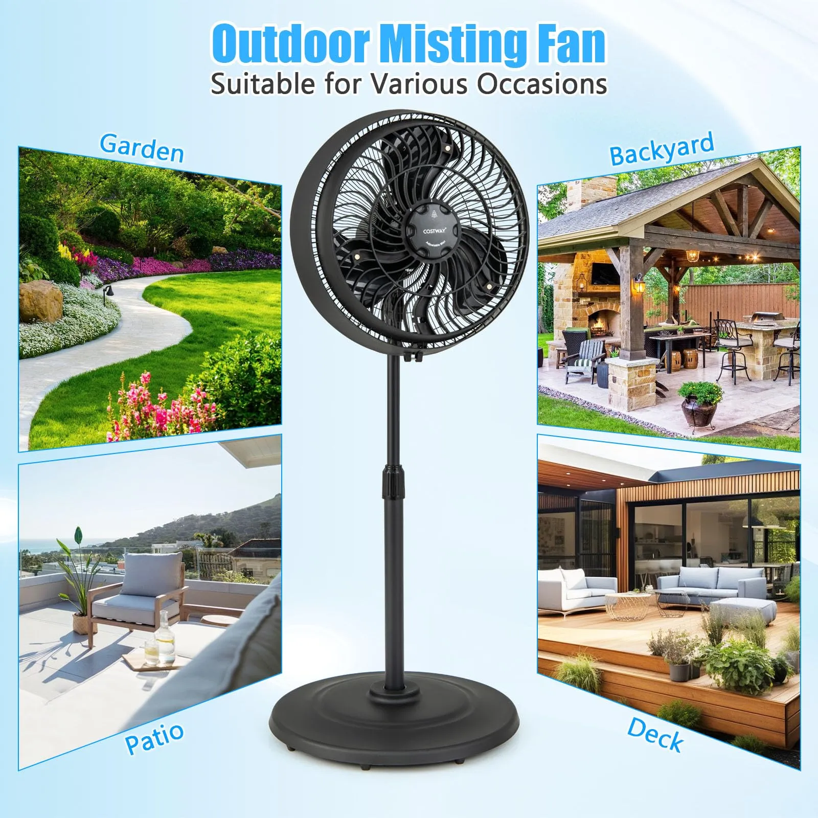 Outdoor Misting Fan, 16-Inch Oscillating Pedestal Fan with Adjustable Height