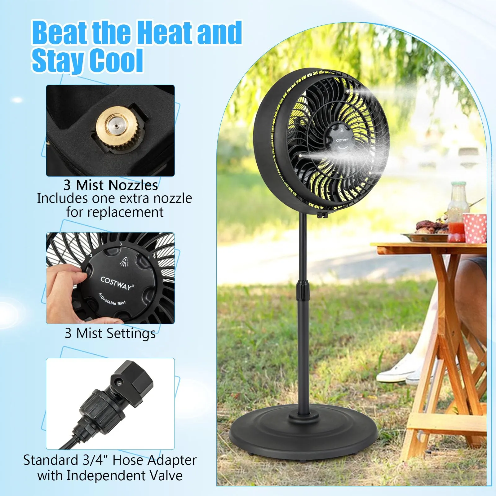 Outdoor Misting Fan, 16-Inch Oscillating Pedestal Fan with Adjustable Height