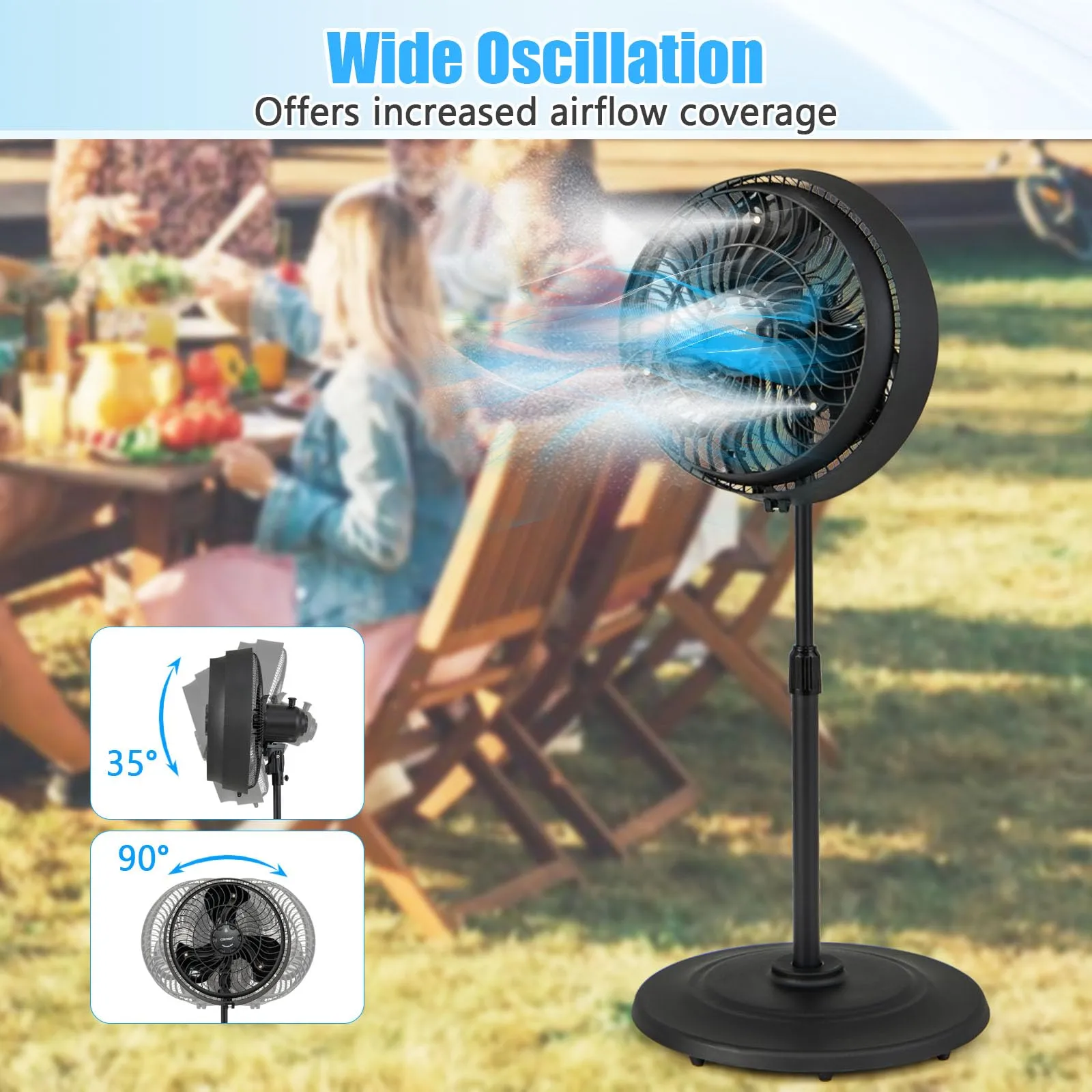 Outdoor Misting Fan, 16-Inch Oscillating Pedestal Fan with Adjustable Height