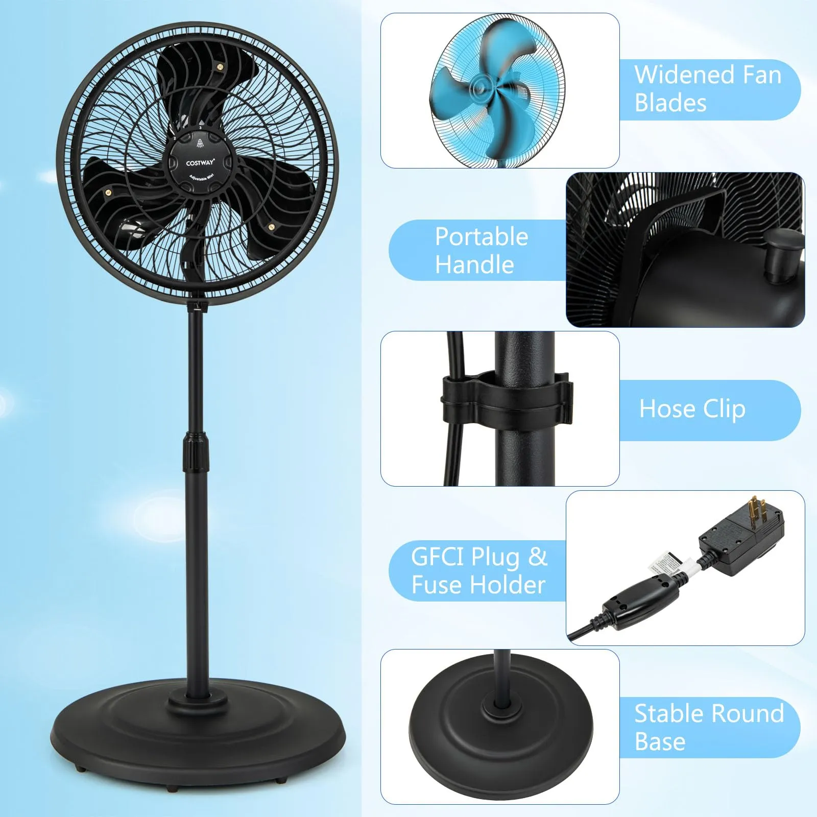 Outdoor Misting Fan, 16-Inch Oscillating Pedestal Fan with Adjustable Height