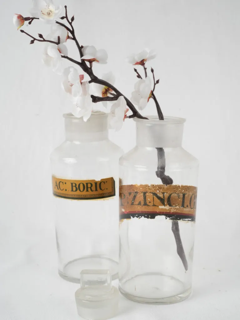 Pair of antique French apothecary glass jars w/ stoppers 9½"