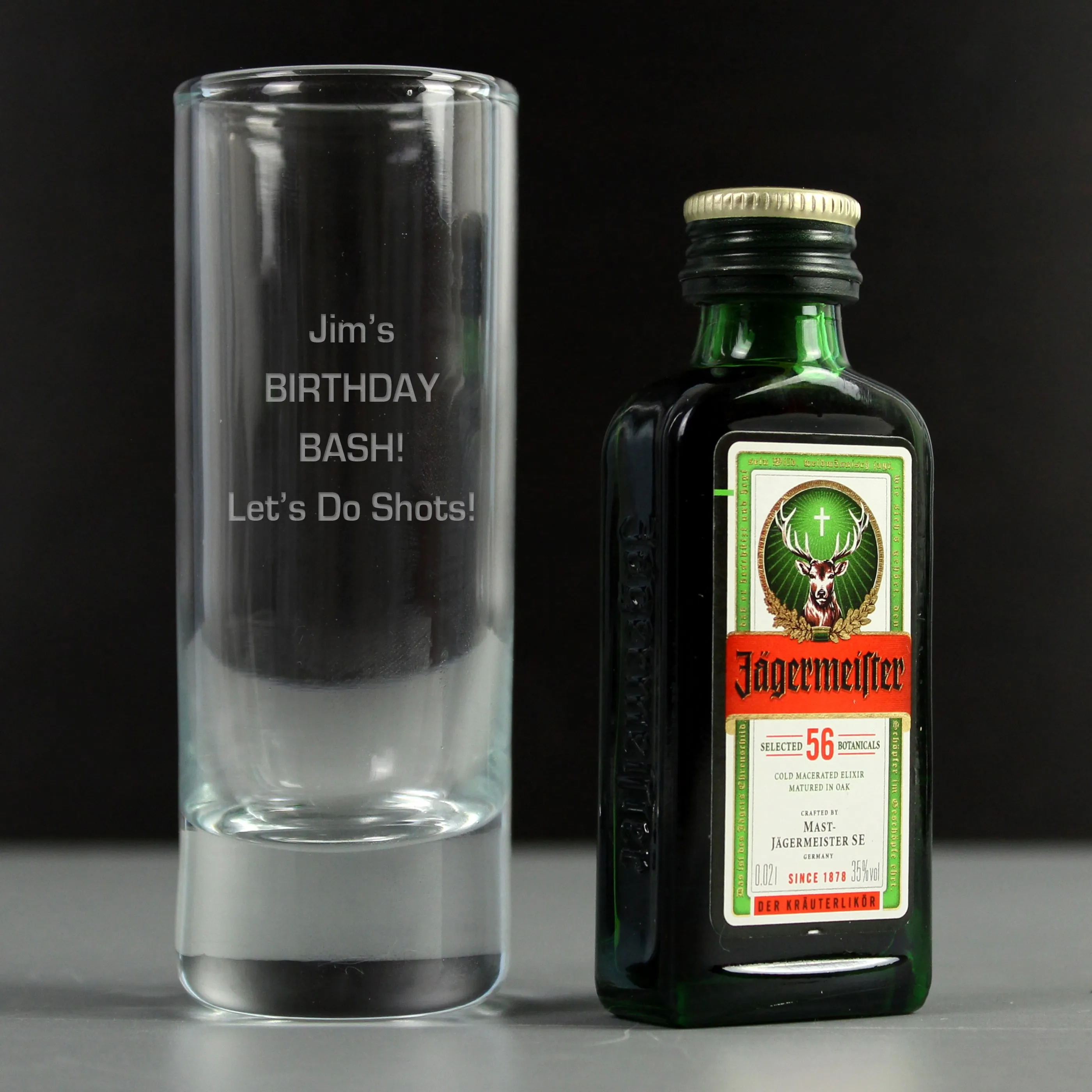 Personalised Jagermeister Shot Glass And Miniature Bottle Of Jagermeister