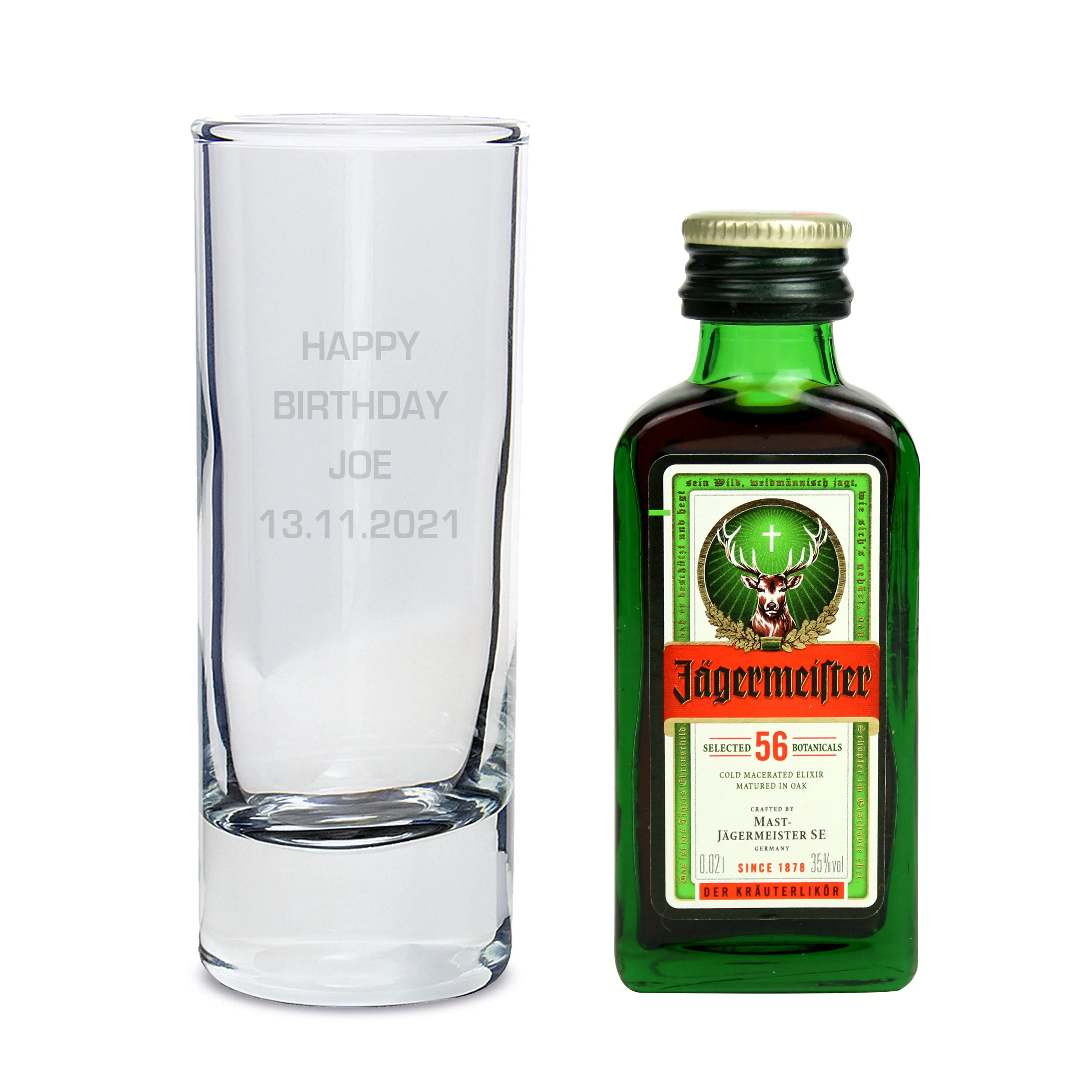 Personalised Jagermeister Shot Glass And Miniature Bottle Of Jagermeister