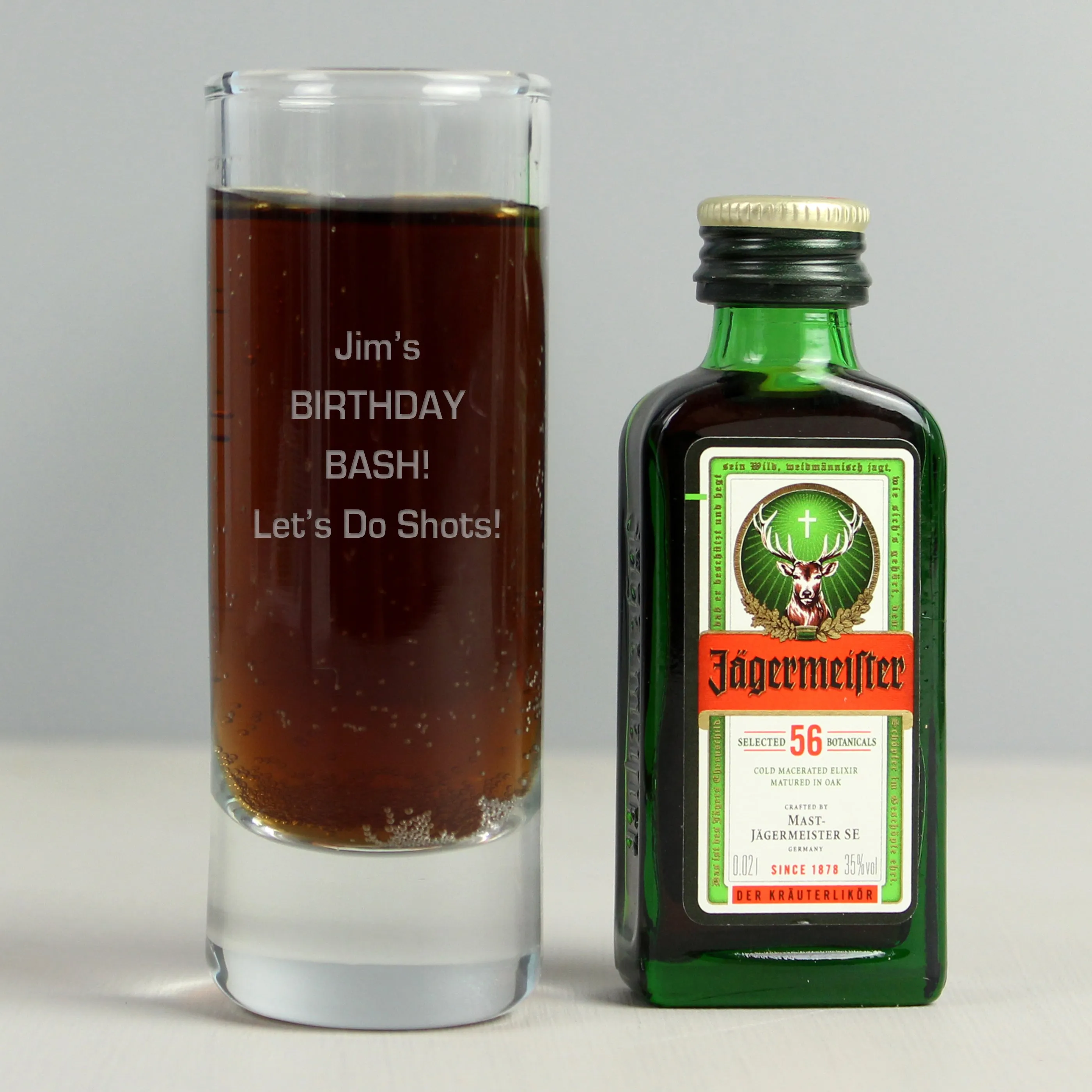 Personalised Jagermeister Shot Glass And Miniature Bottle Of Jagermeister