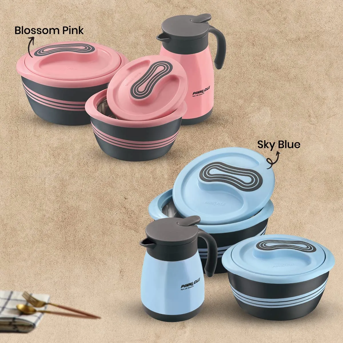 Pinnacle Palazio Vaccum Insulated Carafe & Inner Stainless Steel Casserole Set of 3 | 1000 ml, 2000 ml Casserole | 750ml Carafe | Hot Box | Roti Box | Thermos Flask | Blue (Blue)