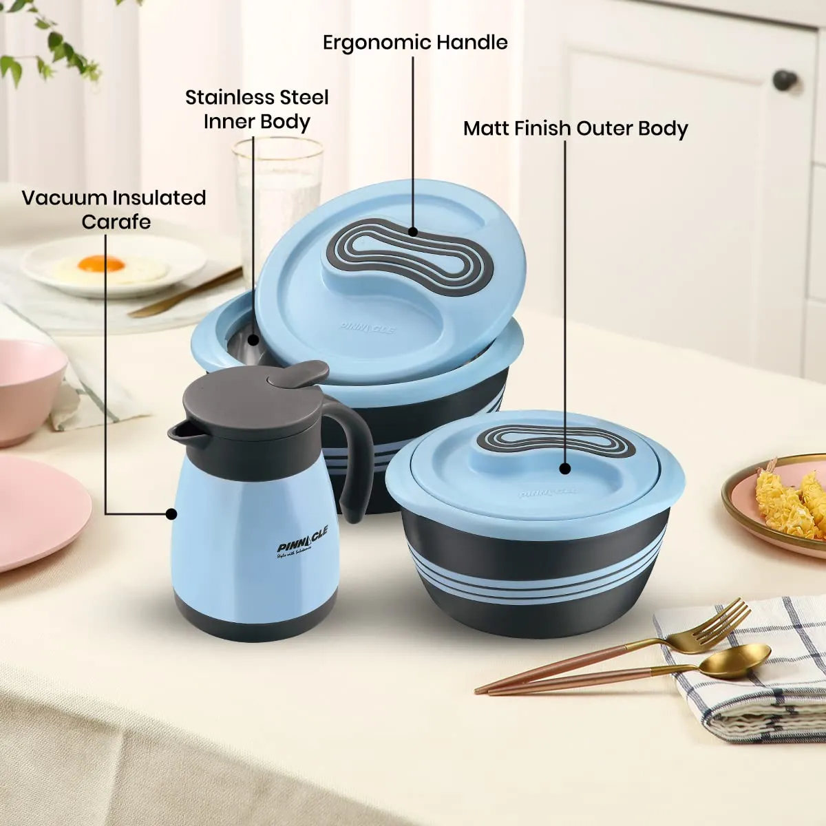 Pinnacle Palazio Vaccum Insulated Carafe & Inner Stainless Steel Casserole Set of 3 | 1000 ml, 2000 ml Casserole | 750ml Carafe | Hot Box | Roti Box | Thermos Flask | Blue (Blue)